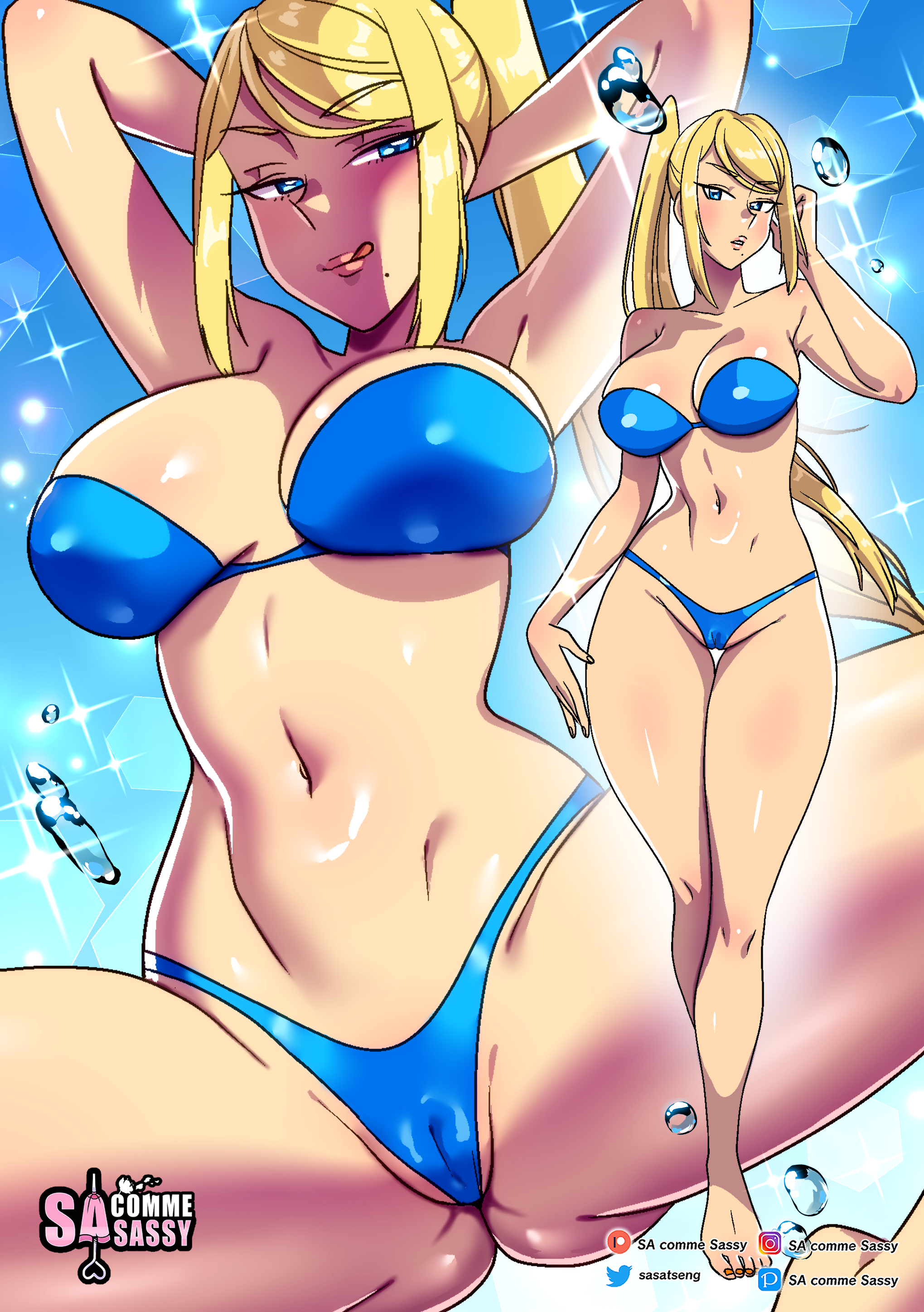:q, 1girls, big breasts, bikini, bimbo, blonde hair, blue bikini, blue eyes, blush, breasts, cameltoe, female, female only, hands behind head, hi res, long hair, looking at viewer, metroid, mole, mole under mouth, narrowed eyes, naughty face, nintendo, ponytail, pussy, samus aran, sasatseng, solo, thick thighs, thigh gap, very high resolution