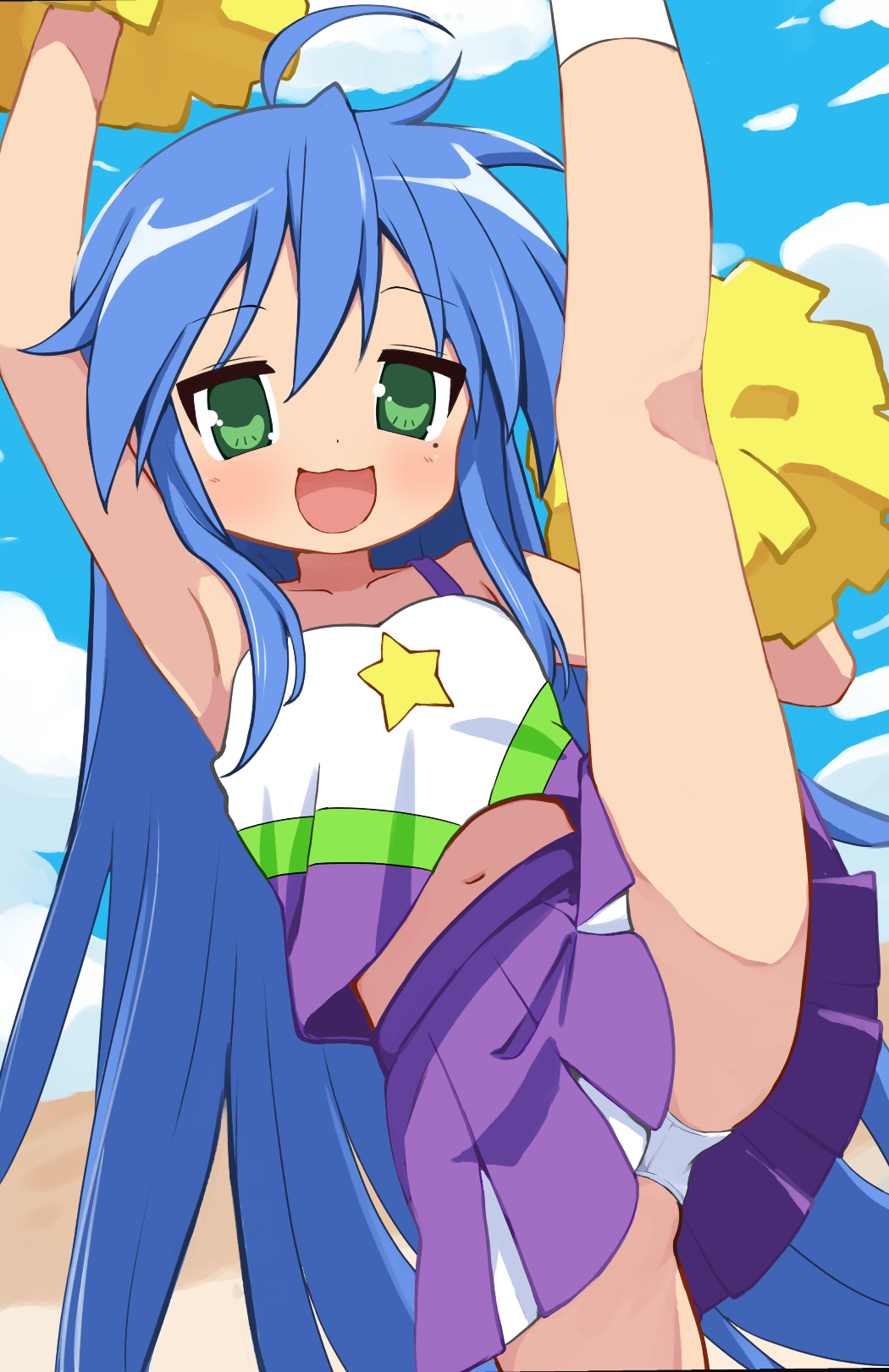 blue hair, breasts, cheerleader, cheerleader outfit, cheerleader uniform, cute, female, flat chest, flat chested, green eyes, konata izumi, lucky star, ogaoekaki, skirt, small breasts, star, underwear, visible underwear, young