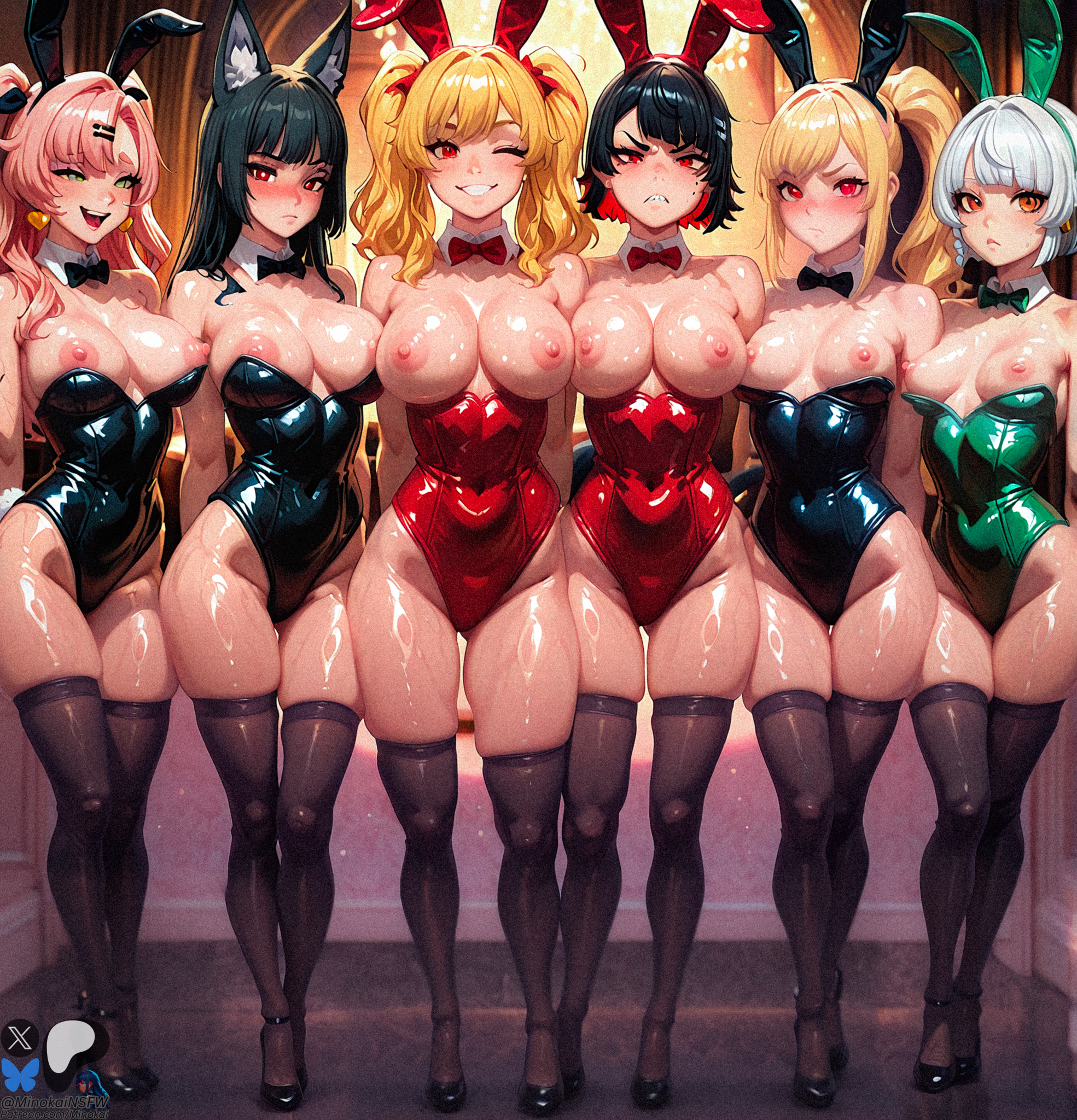 6+girls, 6girls, ai generated, anby demara, arms behind back, big breasts, black hair, blonde hair, blushing at viewer, breasts, breasts out, bunny ears, bunnysuit, burnice white, colored inner hair, ellen joe, female, fox ears, green eyes, heels, hoshimi miyabi, hoyoverse, large breasts, looking at viewer, luciana de montefio, minokai, multiple females, multiple girls, nicole demara, nipples, orange eyes, red eyes, red hair, self upload, small breasts, smiling at viewer, thighhighs, tsundere, white hair, winking at viewer, zenless zone zero