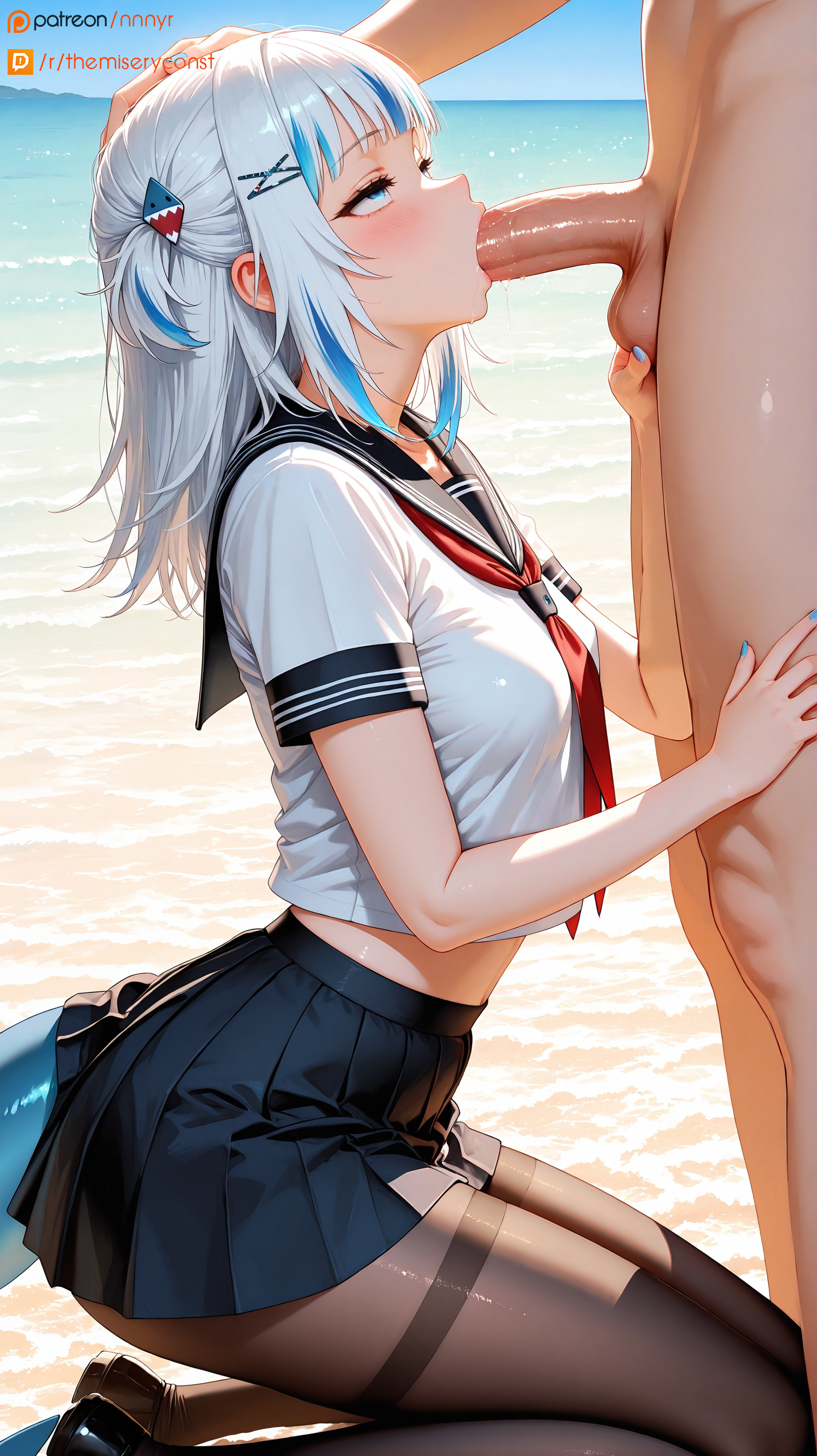 1boy, 1girls, ai generated, blowjob, blowjob face, blowjob only, blue eyes, blue nails, blush, drooling, female, gawr gura, hairclip, half-closed eyes, head grab, hololive, hololive english, hololive myth, kneeling, kneeling oral position, looking at partner, looking up, looking up at partner, male, medium hair, mind break, nnnyr, ocean background, penis, pleasure face, school uniform, schoolgirl, schoolgirl uniform, shark girl, shark tail, skirt, sloppy, sloppy blowjob, sloppy deepthroat, stable diffusion, stockings, sucking, sucking penis, tagme, tail, two-tone hair, virtual youtuber, vtuber, white hair