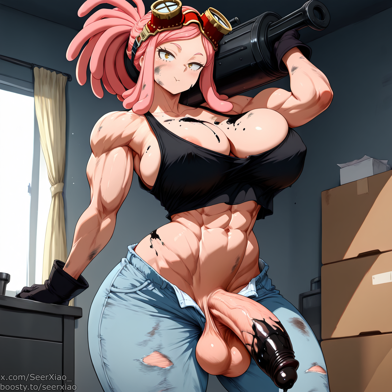 1futa, abs, ai generated, balls, boku no hero academia, breasts, crop top, dirty, futa only, futanari, gloves, hatsume mei, intersex, jeans, light skin, light-skinned futa, masturbator, mei hatsume, muscular, muscular futa, my hero academia, penis, seerxiao, solo, tagme, testicles, thick thighs, underboob, wide hips