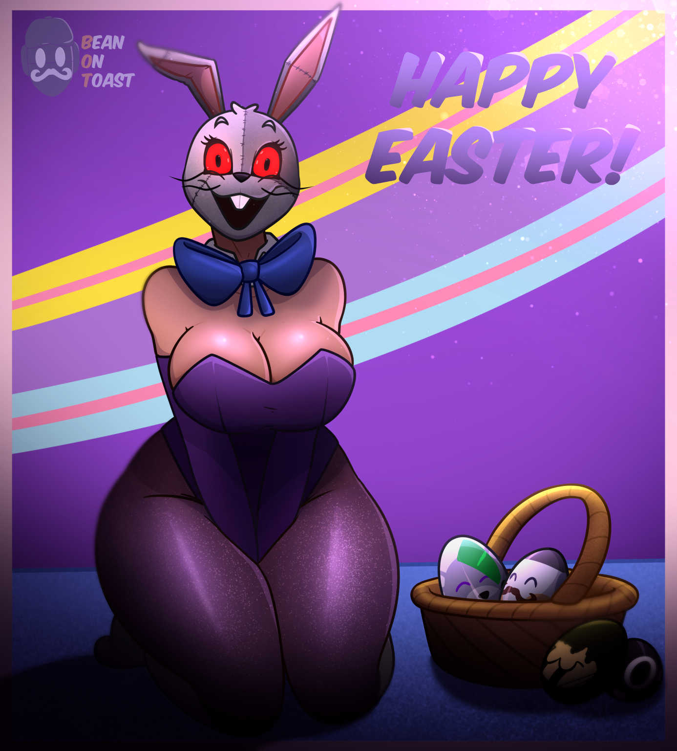 2025, 2d, 2d (artwork), 2d artwork, artist logo, artist name, beanontoast, big breasts, breasts, bunny ears, bunny girl, bunnysuit, easter, female, five nights at freddy's, five nights at freddy's: security breach, kneeling, knife, light skin, light-skinned female, purple leotard, red eyes, solo, stockings, thick thighs, vanny (fnaf)
