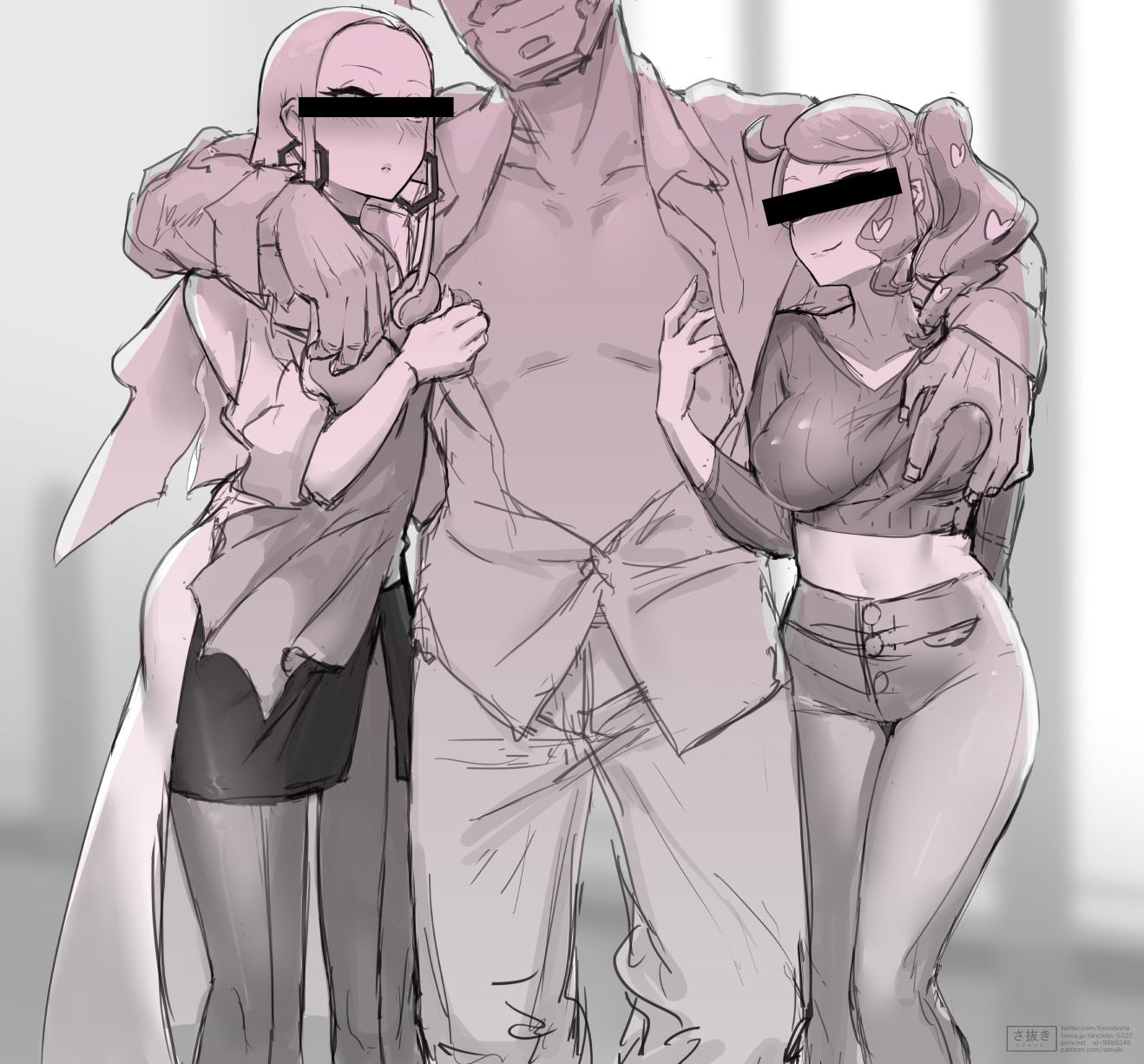 1boy, 2girls, bar censor, big breasts, blush, breast grab, breasts, censored, chairman rose, earrings, female, groping, human, jeans, labcoat, long hair, male, monochrome, multiple females, multiple girls, nintendo, oleana (pokemon), pimp, pokemon, pokemon ss, ponytail, sanuki (kyoudashya), size difference, sonia (pokemon), sweater, thick thighs