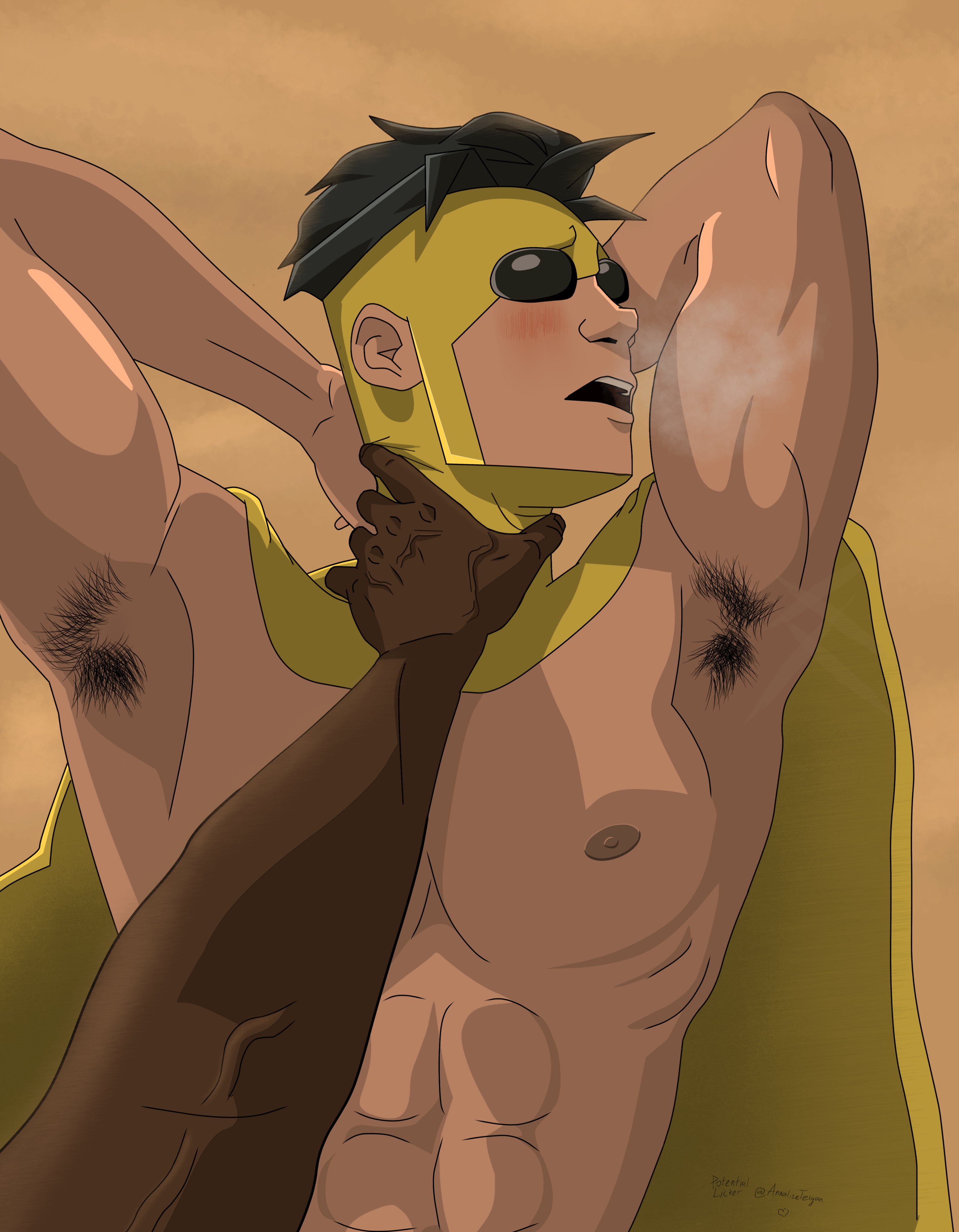 angstrom levy, armpit fetish, armpits, blacked male, dark skin, dark-skinned male, embarrassed, gay, human male, invincible, light skin, light-skinned male, male, male only, male/male, mark grayson, no nude, sinister mark (invincible)
