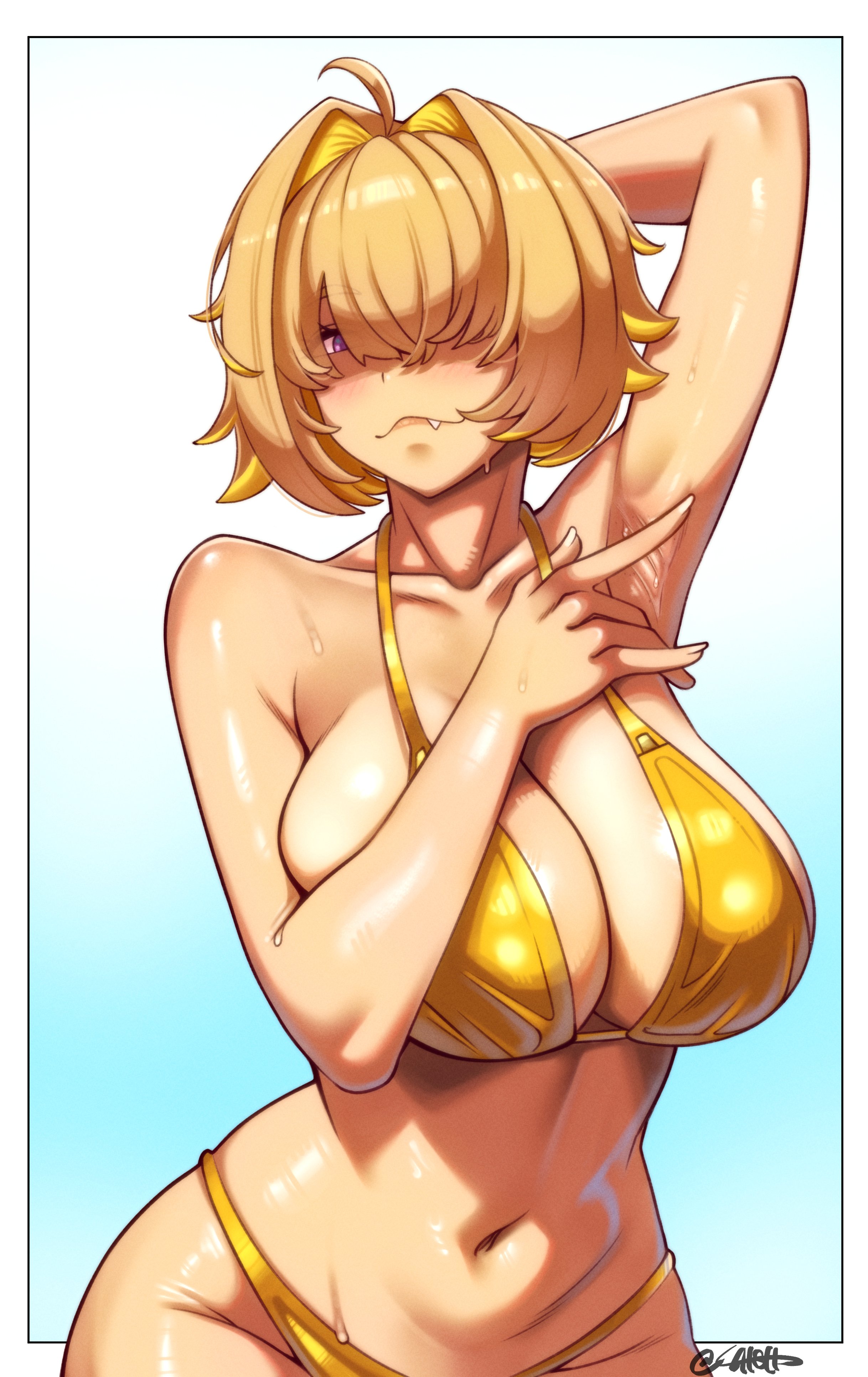 bikini, blonde hair, breasts, cute fang, elegg (nikke), female, female only, goddess of victory: nikke, huge breasts, latsh