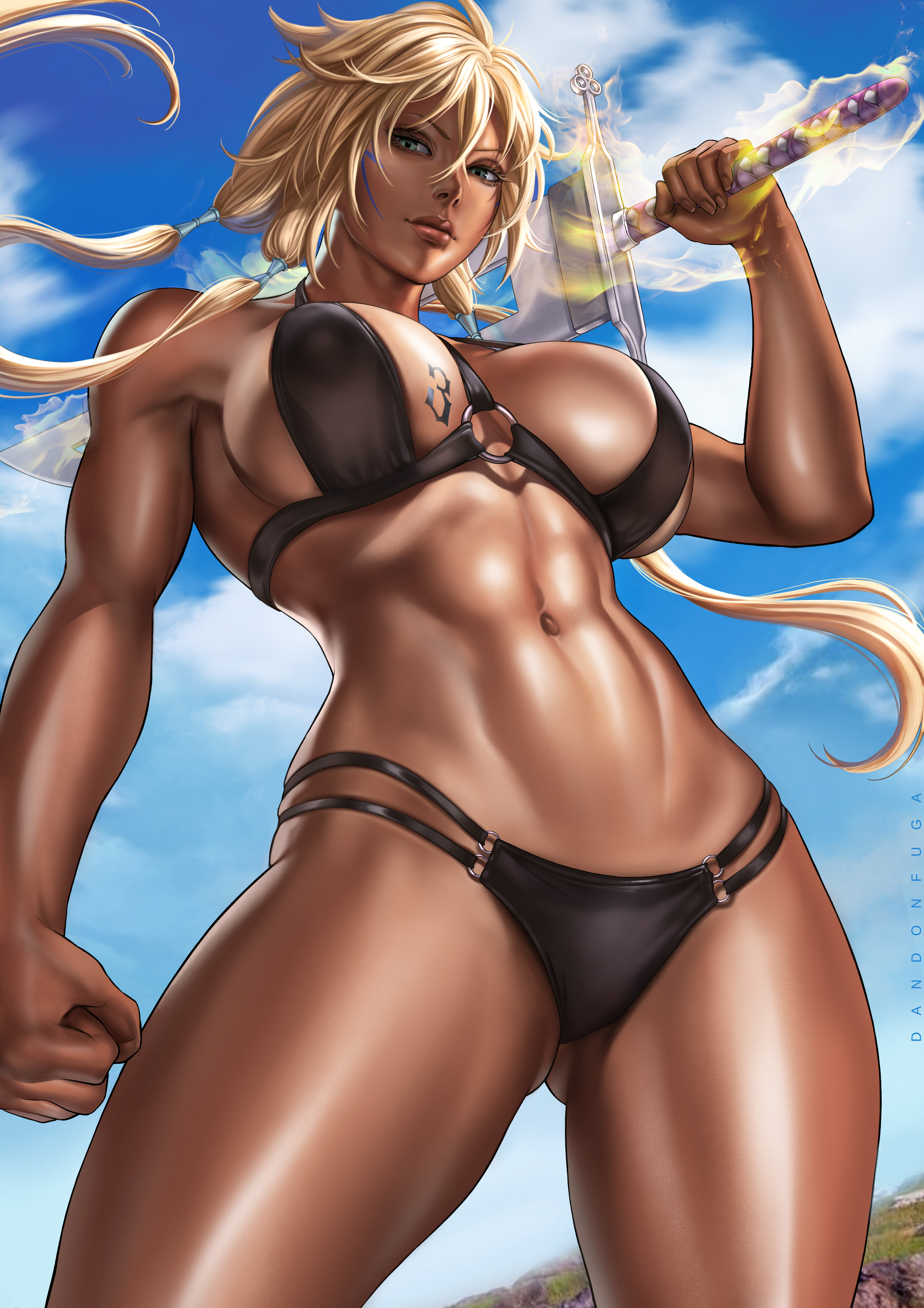 big breasts, bikini, bleach, blonde hair, breasts, cleavage, clothed, clothing, dandon fuga, dark skin, dark-skinned female, female, female only, green eyes, large breasts, looking at viewer, sword, tia harribel, weapon