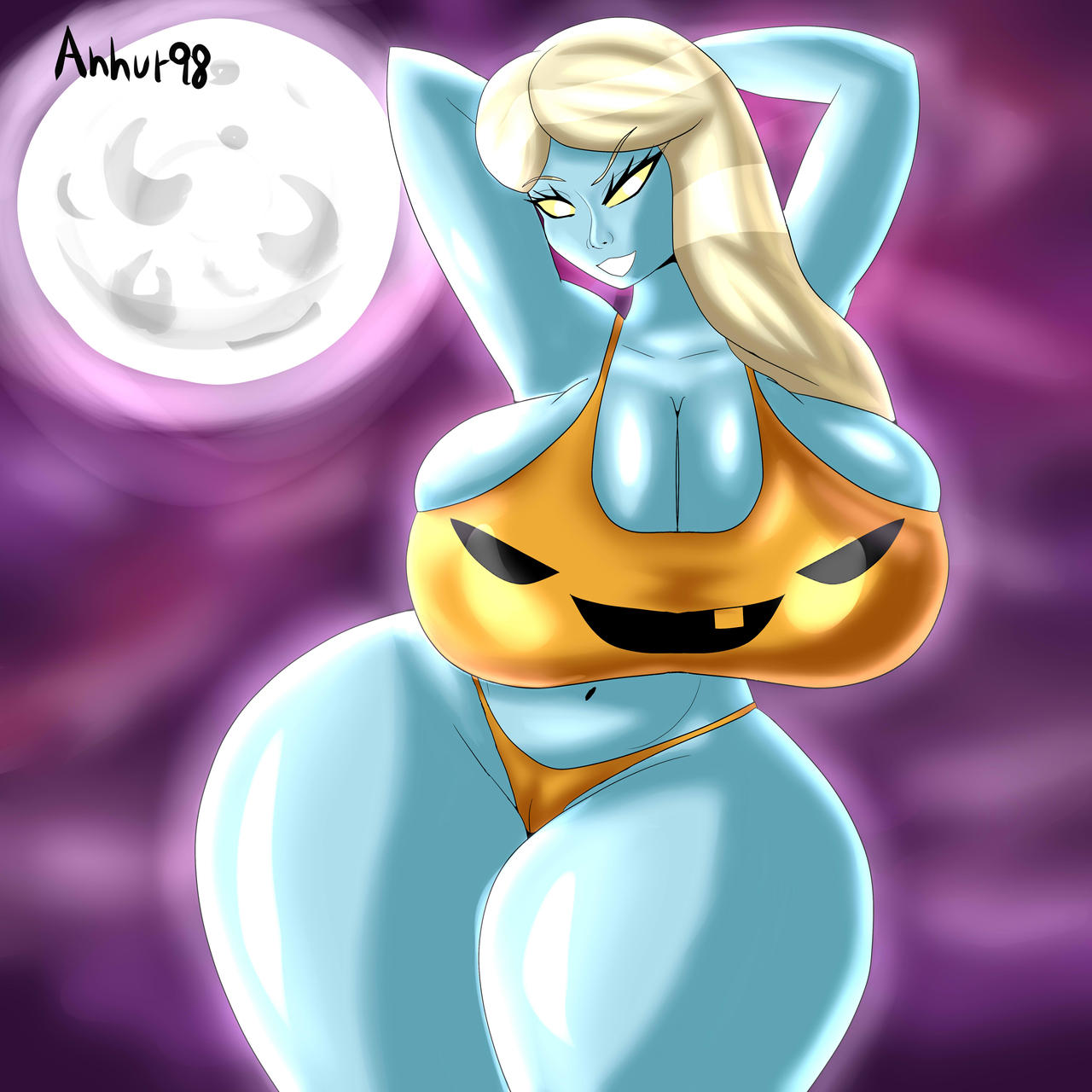 1girls, 2023, anhur98, arms behind head, big breasts, big thighs, bikini, bikini bottom, bikini top, blonde hair, blue body, breasts, child bearing hips, clothing, curvy, enormous breasts, enormous thighs, female, female only, ghost, ghost girl, halloween, hands behind head, huge breasts, huge thighs, humanoid, large breasts, large thighs, long hair, luigi's mansion, mario (series), melody pianissima, moon, nintendo, purple sky, solo, solo female, solo focus, thick thighs, thighs, wide hips
