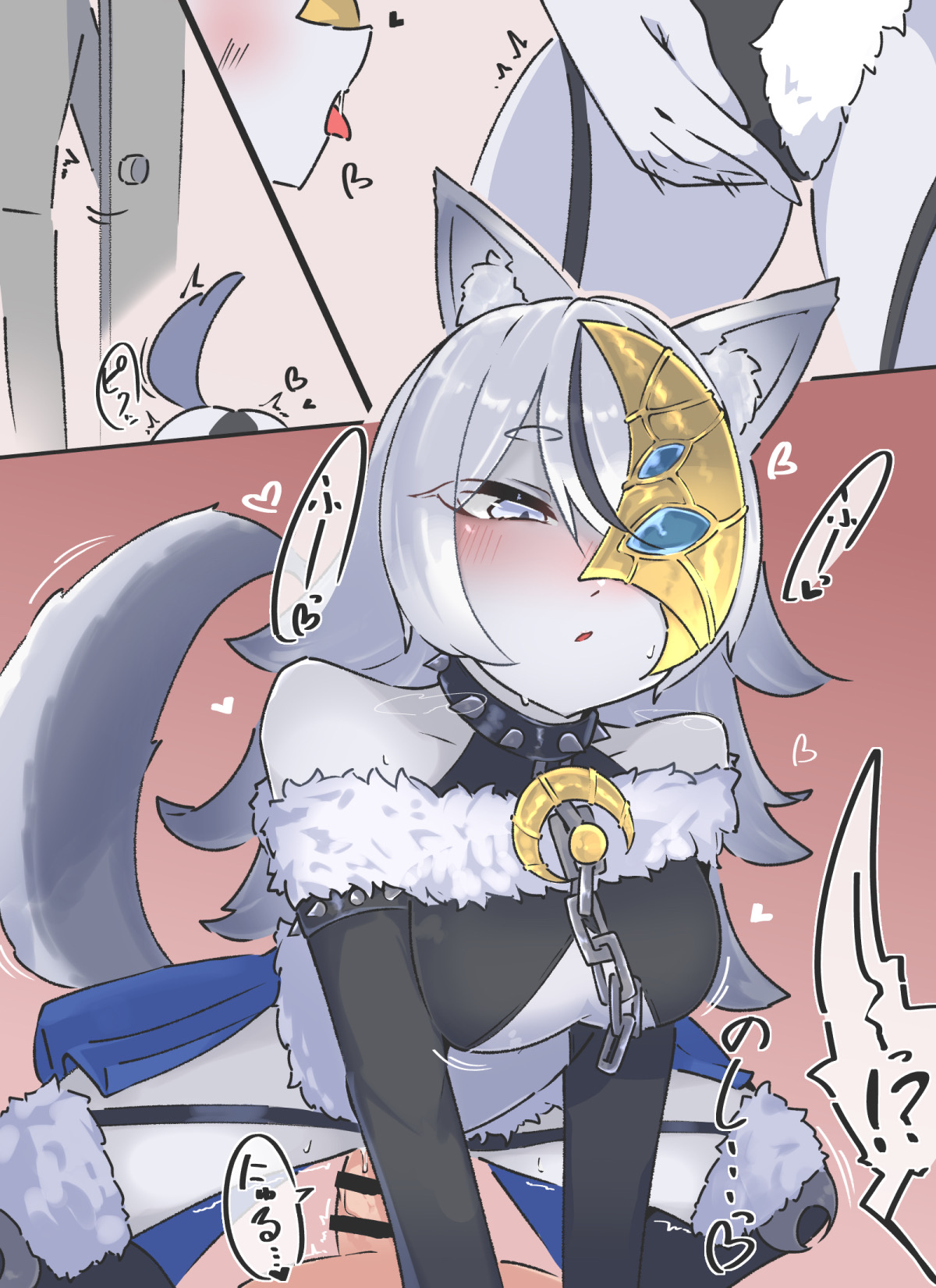 1boy, 1girls, 3 panel comic, chains, collar, crescent moon mask, dialogue, dog ears, dog tail, duel monster, female, furry female, grey fur, heat, horny, japanese text, lunalight, lunalight silver hound, male, mask, mmbirrrrd, mostly clothed, pussy, rape, rubbing pussy, silver eyes, silver hair, vaginal penetration, yu-gi-oh!