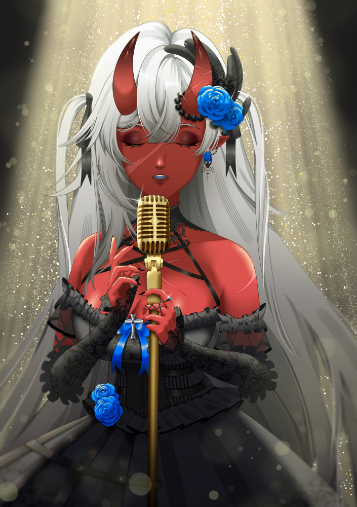 akumi bare_shoulders blue_flower blue_rose breasts choker cleavage closed_eyes dark_skin dress earrings elbow_gloves eyepatch female fingernails flower hair_between_eyes hair_flower hair_ornament holding horns jewelry light_particles long_hair microphone necklace parted_lips pointy_ears red_flower red_rose red_skin rose solo veil very_long_hair virtual_youtuber vyugen white_hair