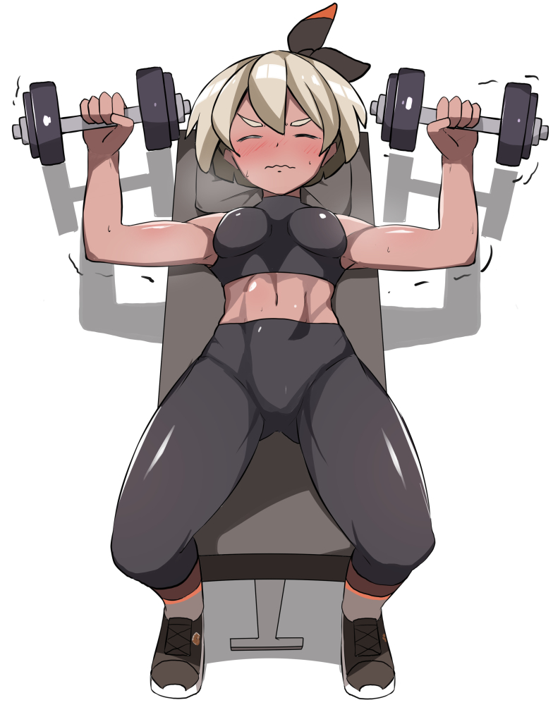 1girls, 2020, abs, armpits, arms up, bea (pokemon), bike shorts, blush, bow, breasts, closed eyes, clothed, clothing, dark skin, dark-skinned female, exercise, female, female only, full body, fully clothed, hairband, highres, human, human only, lying, midriff, mituyota 76, muscles, muscular, muscular female, nintendo, on back, pillow, pokemon, pokemon ss, ribbon, shadow, shoes, short hair, silver hair, small breasts, socks, solo, sportswear, struggling, sweat, thick thighs, thighs, trembling, wavy mouth, weight bench, weightlifting, weights, yoga pants