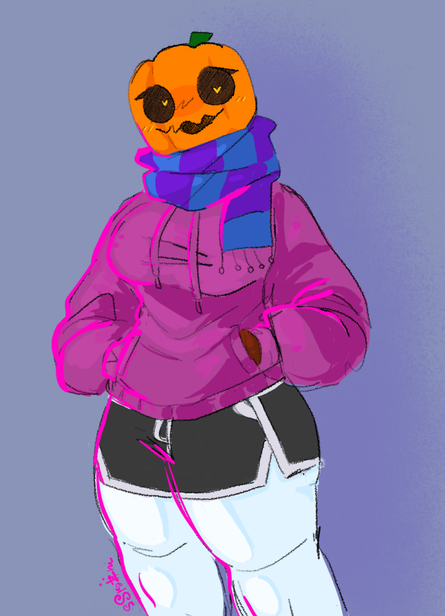 breasts, breasts completely and modestly clothed, female, fully clothed, heart eyes, heart-shaped pupils, hoodie, humanoid, lighting, minecraft, minecraft mob, non human, penny (sspaziim), pumpkin, pumpkin head, safe for work, scarf, short shorts, shorts, snow golem, snow golem (minecraft), solo, solo female, sspaziim, standing, thick thighs