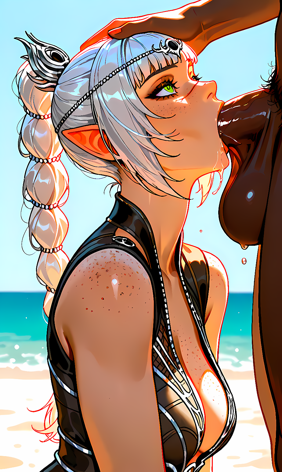 1boy 1girls ai_generated baldur's_gate baldur's_gate_3 bangs beach braid braided_hair circlet dark-skinned_male deepthroat female from_side green_eyes hair_ornament interracial looking_up male pointy_ears scar sea shadowheart white_hair