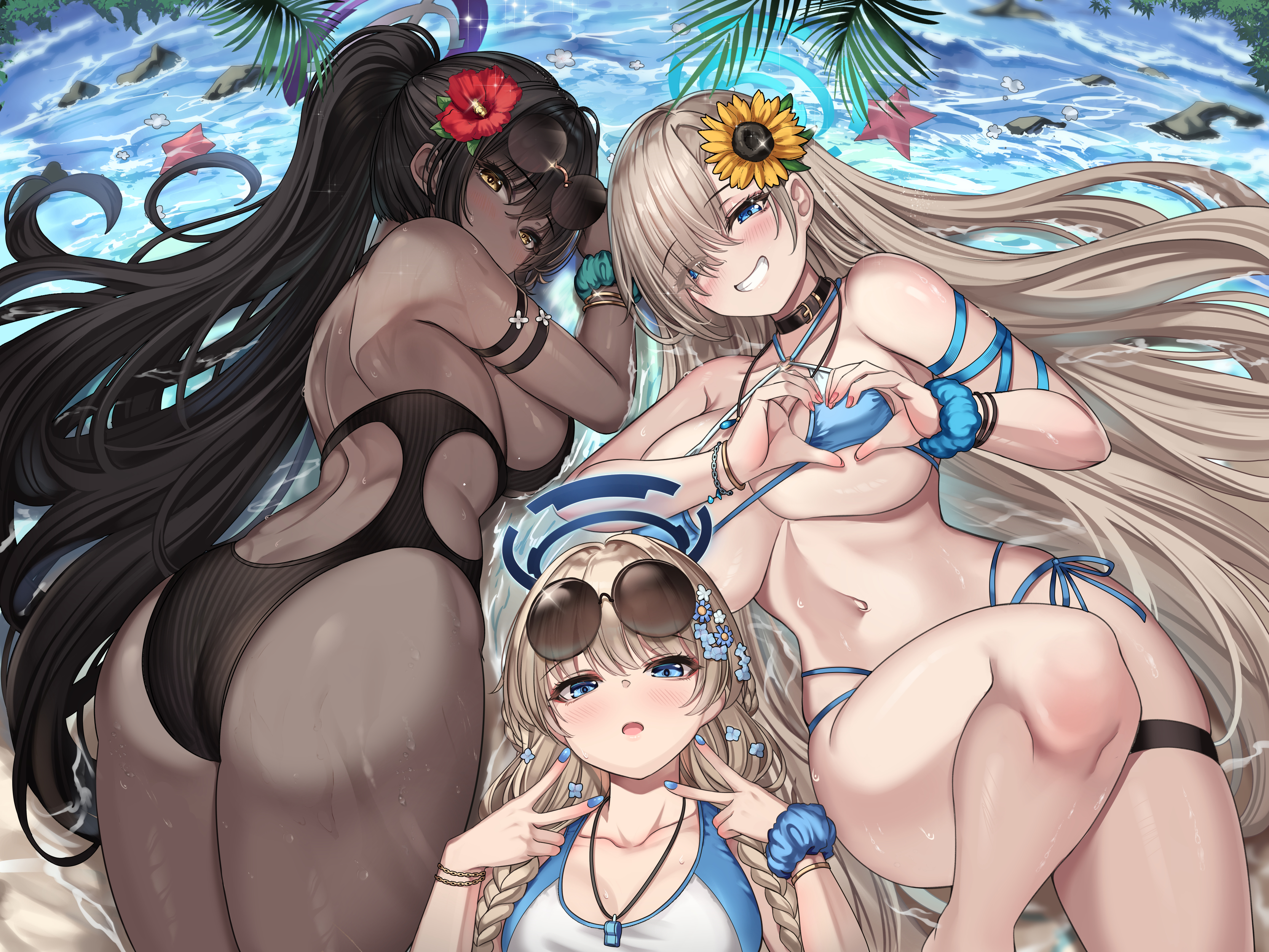 3girls, absurdly long hair, absurdres, alternate costume, ass, asuna (blue archive), back cutout, bikini, black hair, black one-piece swimsuit, blonde hair, blue archive, blue bikini, blue eyes, blue halo, blue nails, blush, breasts, cenangam, chocolate and vanilla, clothing cutout, dark skin, dark-skinned female, day, double v, eyes visible through hair, eyewear on head, female, flower, grin, hair flower, hair ornament, hair over one eye, hair spread out, halo, heart, heart hands, highres, huge breasts, karin (blue archive), large breasts, long hair, lying, multiple females, multiple girls, navel, on stomach, one-piece swimsuit, open mouth, outdoors, ponytail, purple halo, side-tie bikini bottom, skindentation, smile, starfish, stomach, sunglasses, sunglasses on head, swimsuit, teeth, thick thighs, thigh strap, thighs, toki (blue archive), underboob, v, very dark skin, very long hair, water, wet, whistle, whistle around neck