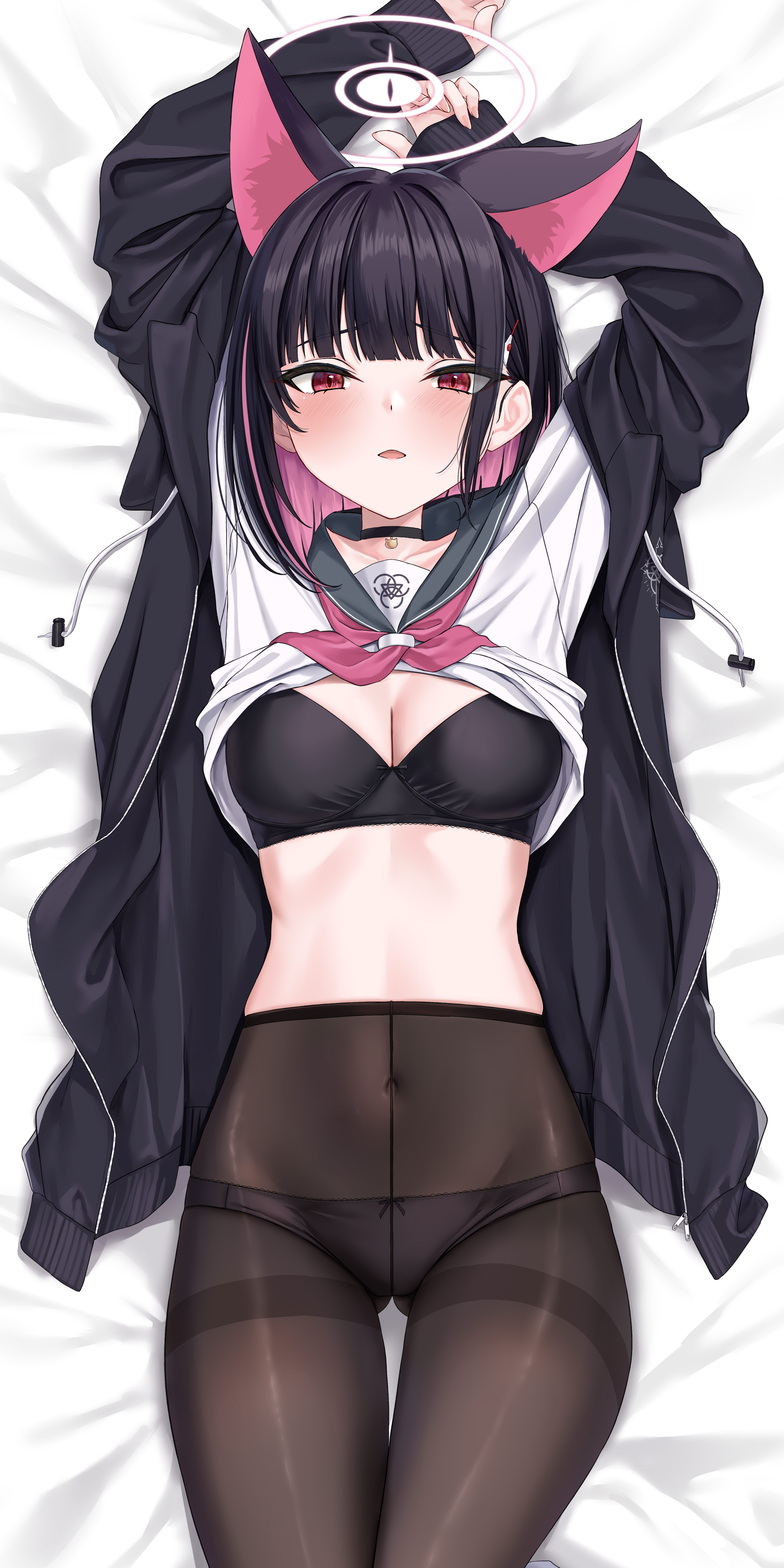 absurdres, animal ears, arms up, bed sheet, black bra, black choker, black hair, black jacket, black panties, black pantyhose, blue archive, blunt bangs, blunt ends, blush, bob cut, bra, breasts, cat choker, cat ears, cat girl, choker, cleavage, clothes lift, colored inner animal ears, colored inner hair, commentary, covered navel, crotch seam, dakimakura (medium), female, full body, green sailor collar, halo, hand up, highres, hood, hood down, hooded jacket, jacket, kazusa (blue archive), legs, looking at viewer, lying, md5 mismatch, medium breasts, multi ear, multicolored hair, neckerchief, no pants, on back, on bed, open mouth, panties, panties under pantyhose, pantyhose, pink hair, pink halo, pink neckerchief, rama (yu-light8), resolution mismatch, sailor collar, school uniform, serafuku, shirt lift, short hair, sleeves past wrists, solo, source smaller, straight hair, thigh gap, toes, two-tone hair, underwear, white background