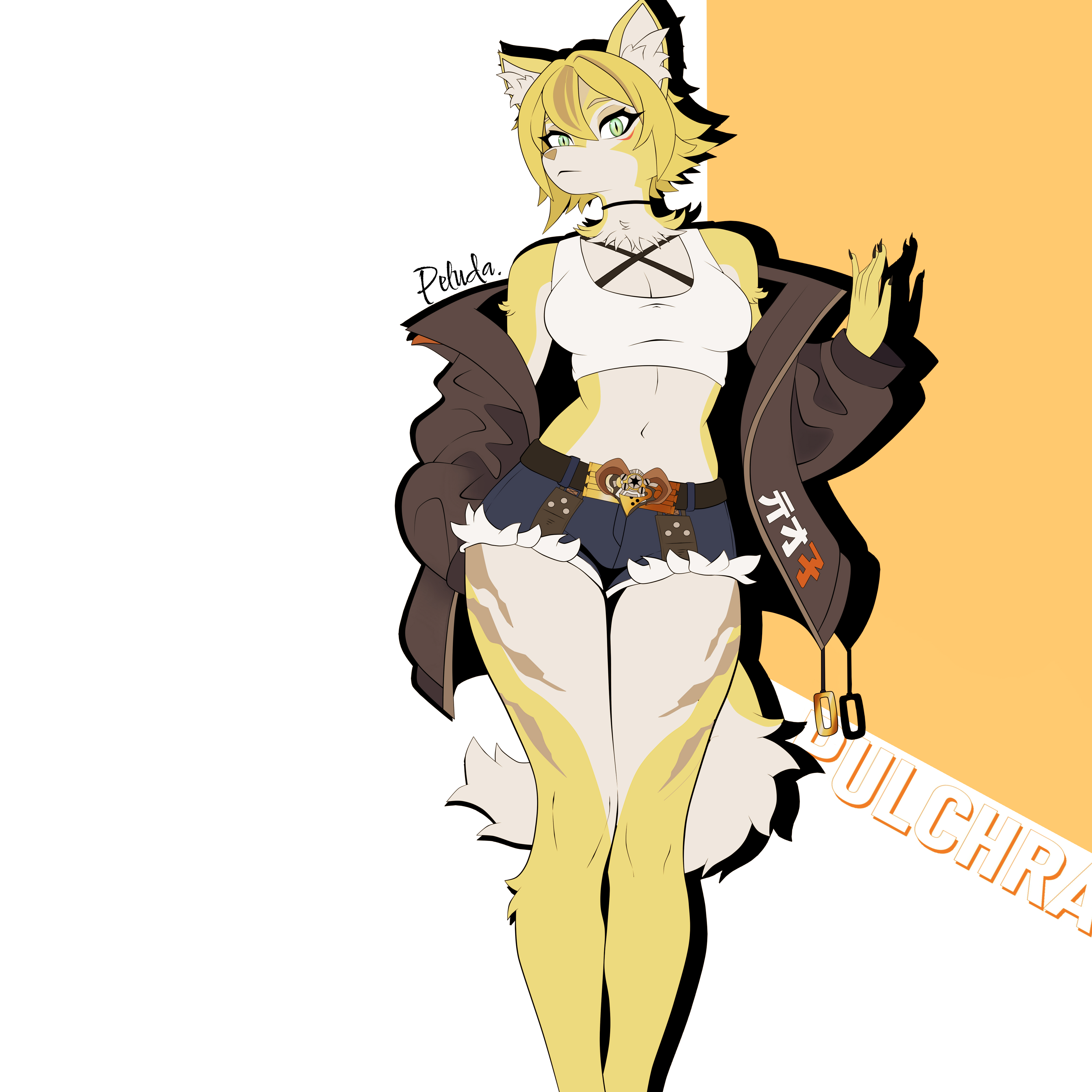 animal ears, animal tail, big breasts, big thighs, big titties, breasts, clothing, curvaceous, curvaceous female, curvaceous figure, curvy, curvy figure, curvy hips, feline, female, female focus, female only, furry, furry female, furry only, looking at viewer, mihoyo, peluda, pulchra (zenless zone zero), pulchra fellini, short hair, yellow fur, yellow hair, zenless zone zero
