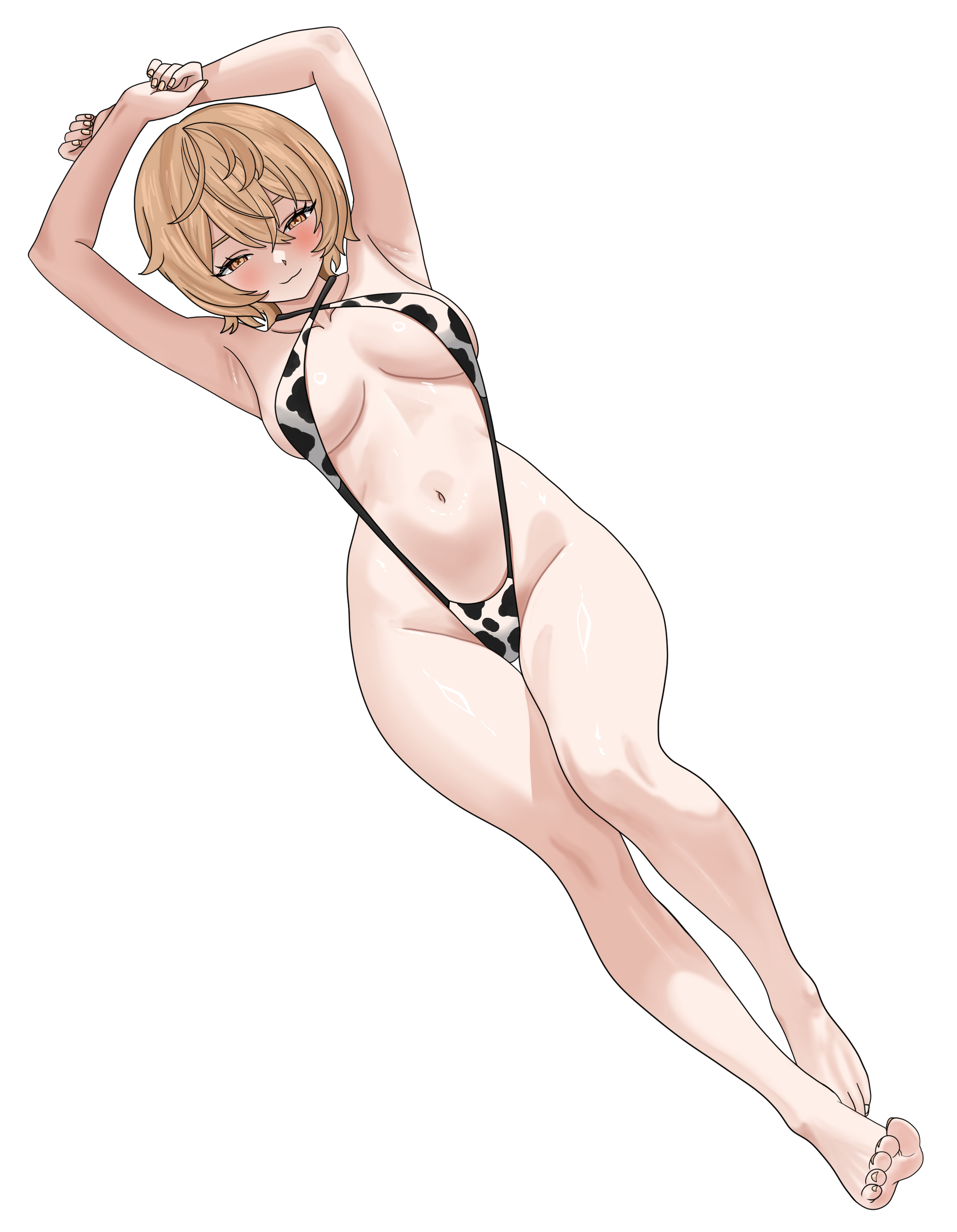 absurdres, animal print, arm up, armpits, arms up, barefoot, bikini, blush, breasts, brown eyes, brown hair, clio aite, cow print, female, full body, highres, ivan ramirez, navel, phase connect, phase invaders quest, short hair, simple background, slingshot swimsuit, smile, swimsuit, thigh gap, toes, virtual youtuber, vtuber, white background