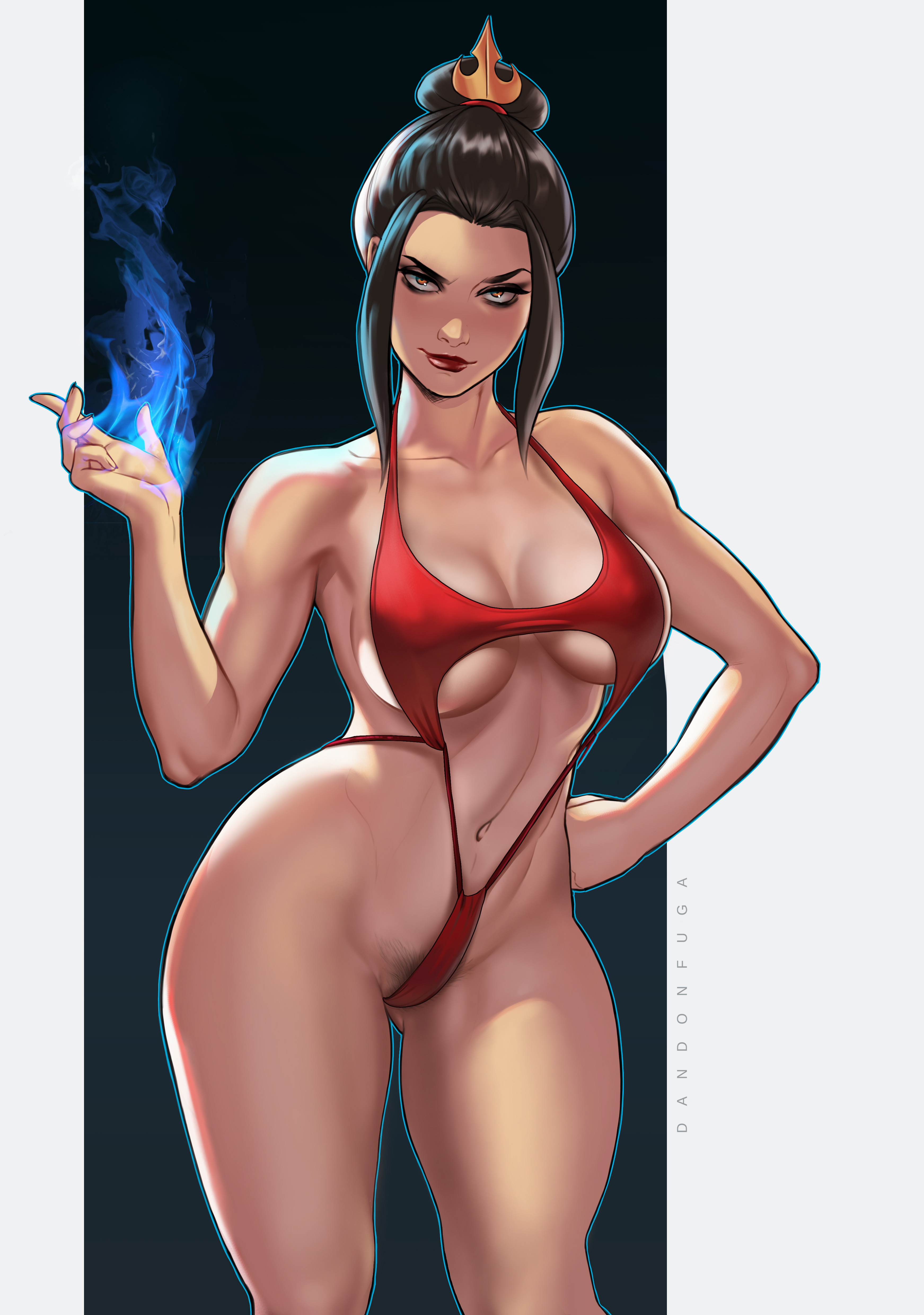 avatar the last airbender, azula, big breasts, breasts, brown hair, cleavage, dandon fuga, female, female only, fire, fire nation, hourglass figure, large breasts, looking at viewer, nickelodeon, pubic hair, swimsuit, yellow eyes