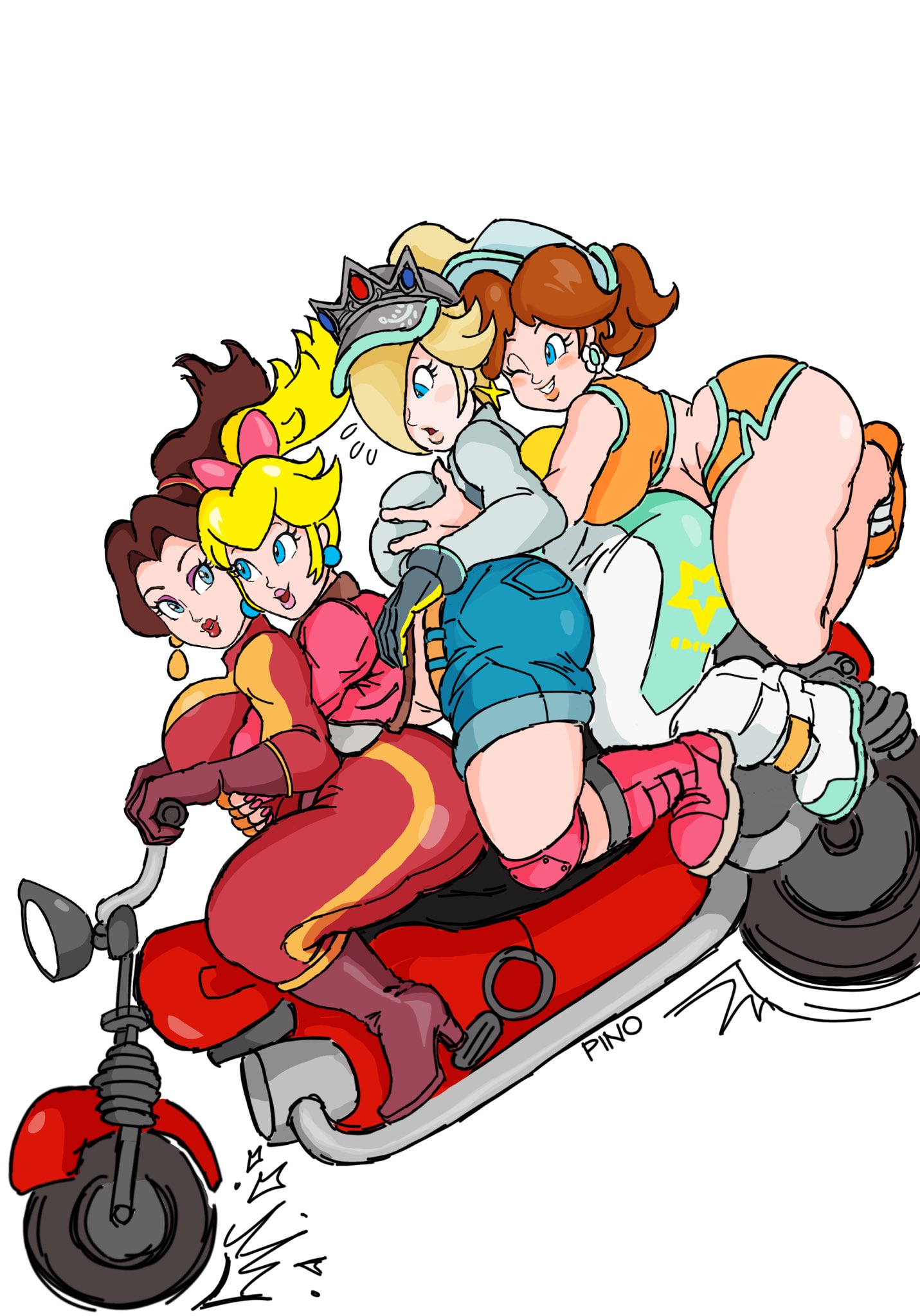 4girls, alternate costume, ass, big ass, big breasts, biker clothes, bodysuit, boots, breast grab, breasts, crop top, female, female focus, female only, grabbing, grabbing another's breast, grabbing breasts, hair ribbon, hat, human, human female, human only, jacket, jean shorts, kneepads, large ass, large breasts, light skin, light-skinned female, mario (series), mario kart, mario kart world, motorcycle, nintendo, official alternate costume, pauline, pauline (aero), pinotsfw, ponytail, princess daisy, princess daisy (swimwear), princess peach, princess peach (touring), princess rosalina, princess rosalina (pro racer), rosetta (super mario galaxy), shorts, simple background, squeezing breast, thick, twitter link, visor, white background, yuri