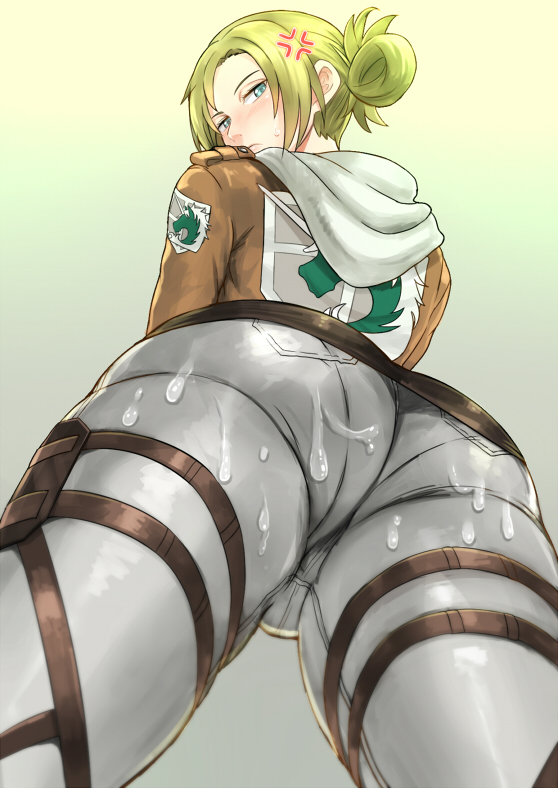 ambiguous fluids, anger vein, annie leonhardt, ass, attack on titan, blonde hair, blue eyes, cameltoe, clothed, female, fully clothed, pussy, shingeki no kyojin, short hair, tied hair, voc (artist), wedgie