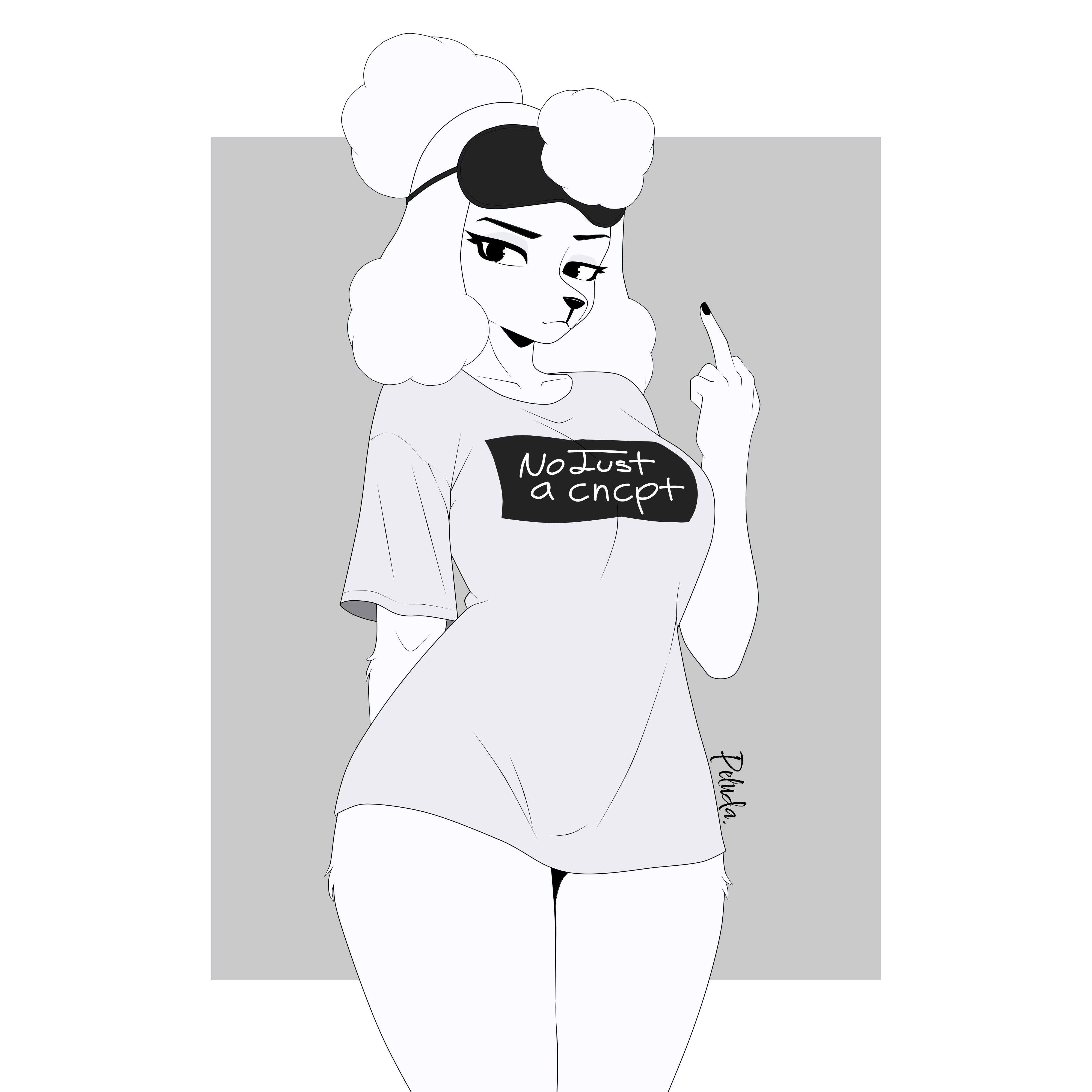 big thighs, black and white, canine, canis, clothing, curvaceous, curvaceous female, curvaceous figure, curvy, curvy figure, curvy hips, domestic dog, female, female focus, female only, fortnite, front view, furry, furry female, furry only, lady poodlina, looking at viewer, monochrome, morning, peluda, poodle, purple clothing, short hair, unnamed poodle, white fur, white hair