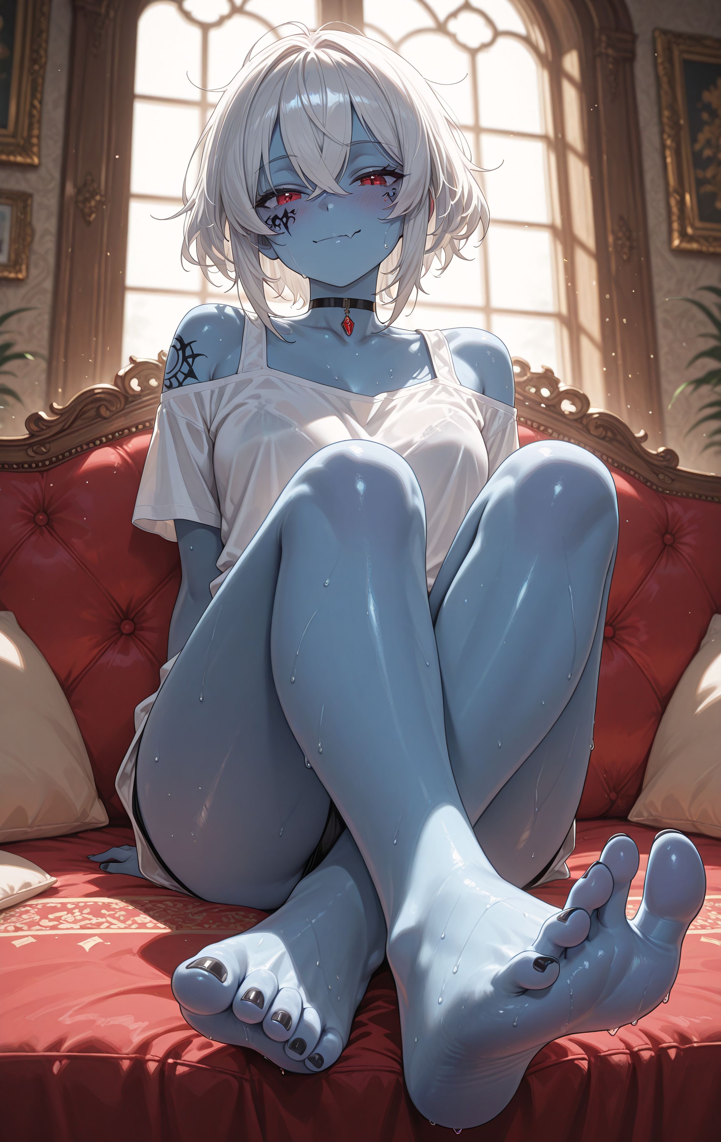ai generated, amayumi, black toenails, blue skin, colored skin, feet, female, foot fetish, foot focus, oni, oni female, red eyes, soles, tagme, toes, white hair
