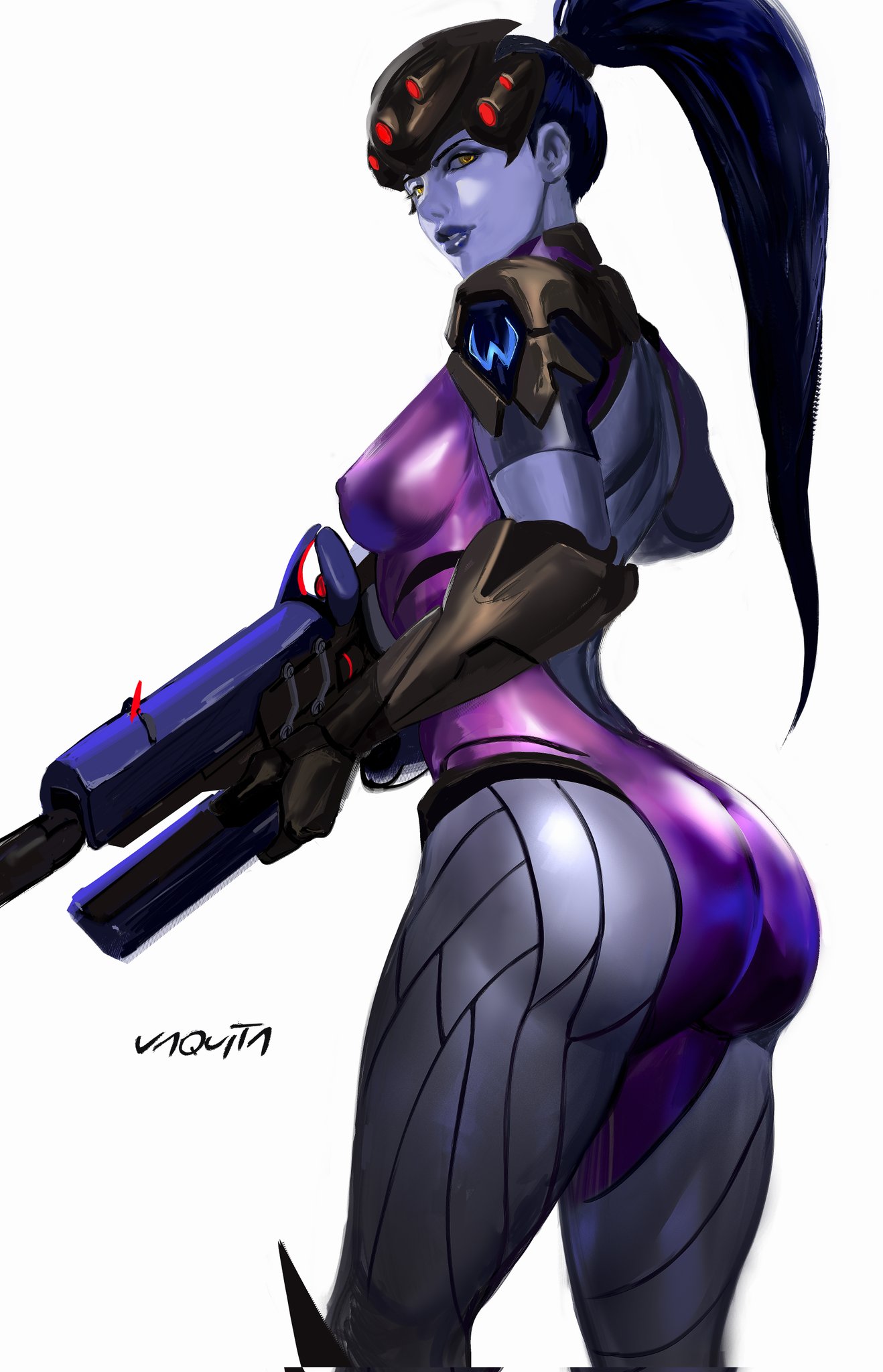 1girls, ass, bare back, blue skin, bodysuit, breasts, cowboy shot, dark blue hair, dark hair, female, female only, gun, impossible clothes, large ass, large breasts, mashingvaquita, nipple bulge, overwatch, ponytail, skin tight, solo, solo female, widowmaker, yellow eyes