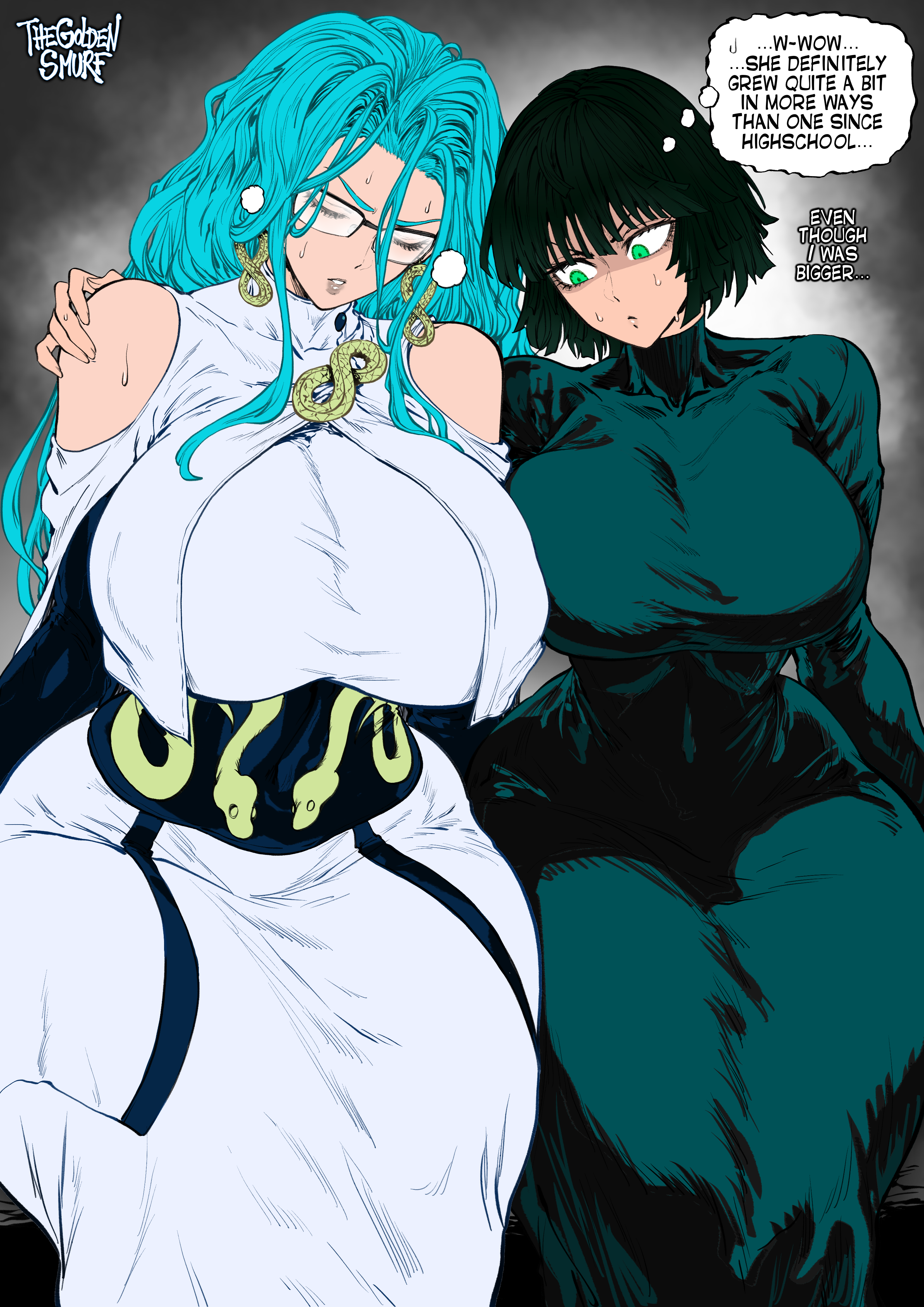 2girls, absurd res, adult female, alternate version available, artist name, artist signature, big breasts, blue hair, breast awe, breast envy, breast squish, breasts, breasts bigger than head, closed eyes, closed mouth, dialogue, dress, esper, exposed shoulders, female, female only, fubuki (one-punch man), fully clothed, glasses, green eyes, green hair, hand on shoulder, hourglass figure, huge breasts, human only, large breasts, looking at another, looking at breasts, massive breasts, one-punch man, perfect body, psykos, short hair, simple background, text, thegoldensmurf, thick thighs, thought bubble, tired out, visible navel, yuri