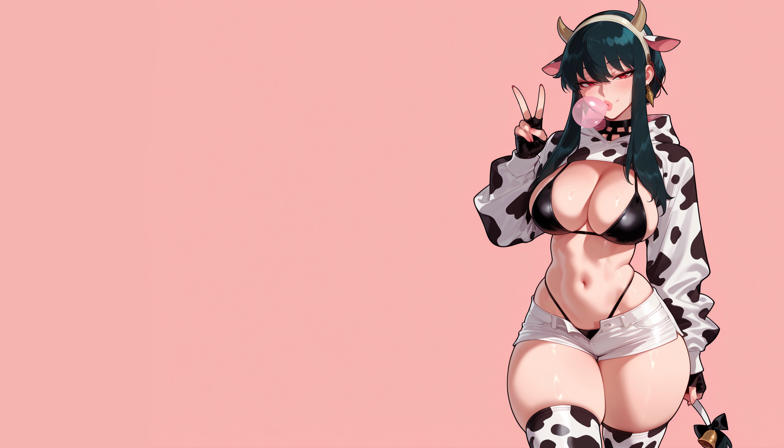 1girls, ai generated, alternate costume, animal ears, animal print, balecxi, bell, bikini, bikini under clothes, black bikini, black bow, black choker, black gloves, black hair, blush, bow, breasts, bubble blowing, chewing gum, chinese zodiac, choker, cleavage, clothing, cow ears, cow horns, cow print, cow print bikini, cow tail, cowbell, cropped hoodie, curvaceous, curvaceous female, curvaceous figure, curvy, curvy figure, earrings, fake animal ears, fake horns, fake tail, female, female focus, female only, fingerless gloves, fingernails, gloves, gold earrings, gold hairband, hairband, headwear, highleg, highleg bikini, holding own tail, hood, hood down, hoodie, horns, inviting, jewelry, large breasts, legwear, long hair, long sleeves, looking at viewer, micro shorts, midriff, navel, neck bell, open fly, presenting, presenting ass, presenting breasts, presenting hindquarters, presenting self, print bikini, print thighhighs, red eyes, seductive, seductive look, seductive smile, short shorts, shorts, shrug (clothing), sideboob, sidelocks, skindentation, solo, spikes, spy x family, stomach, swimsuit, tail, tail bell, tail bow, tail ornament, thick thighs, thighhighs, thighs, v, voluptuous, voluptuous female, wallpaper, white hairband, white shorts, wide hips, yor briar, yor forger