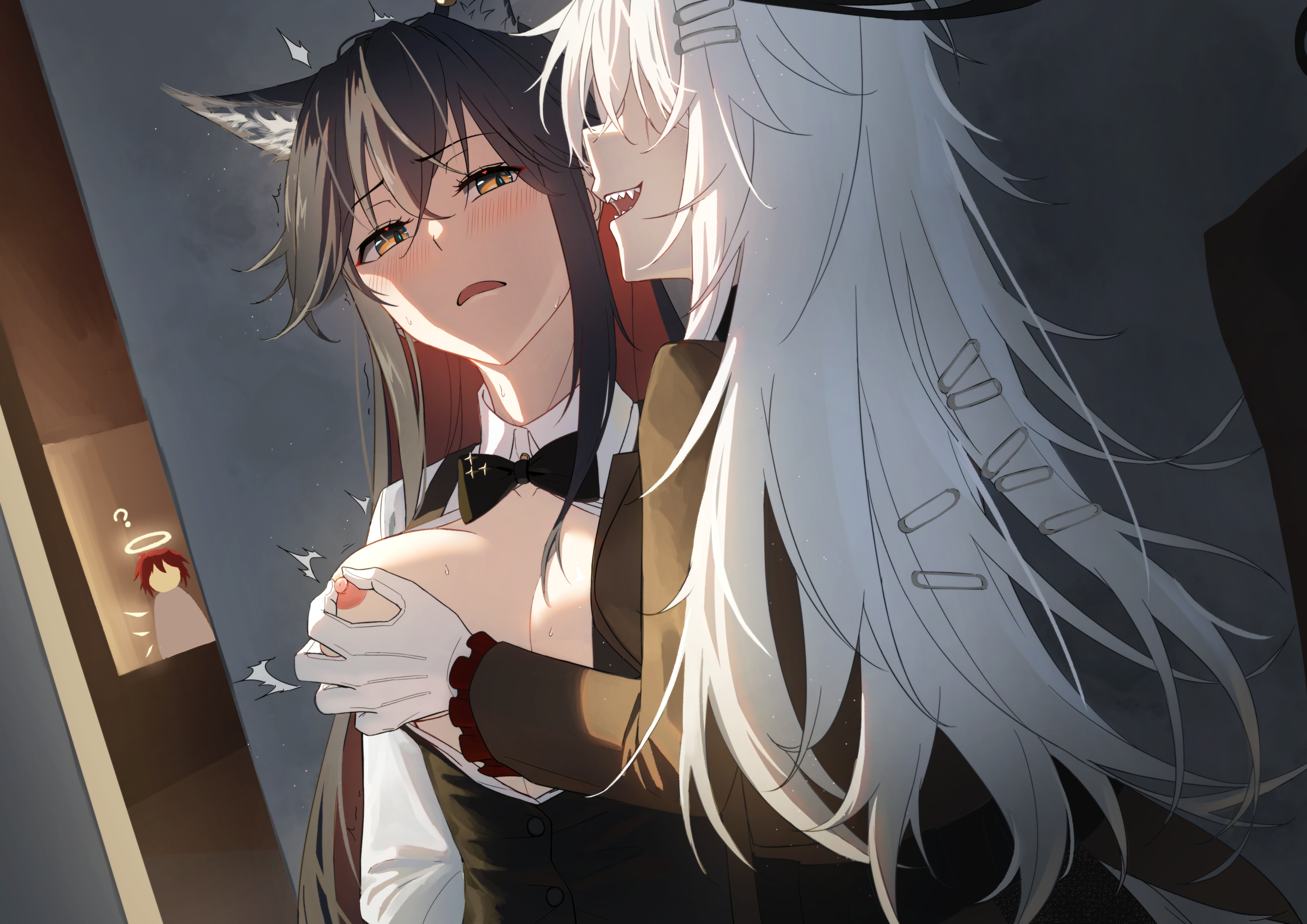 ?, 2girls, animal ears, arknights, black hair, blush, blushing, boobs, breasts, dconan owo, exusiai (arknights), female, female only, gloves, hair ornament, halo, kemonomimi, lappland (arknights), light skin, light-skinned female, long hair, nipple play, nipple tweak, nipples, red hair, sharp teeth, short hair, suit, suit jacket, texas (arknights), tits, watching, white hair, wolf ears, wolf girl, yellow eyes, yuri