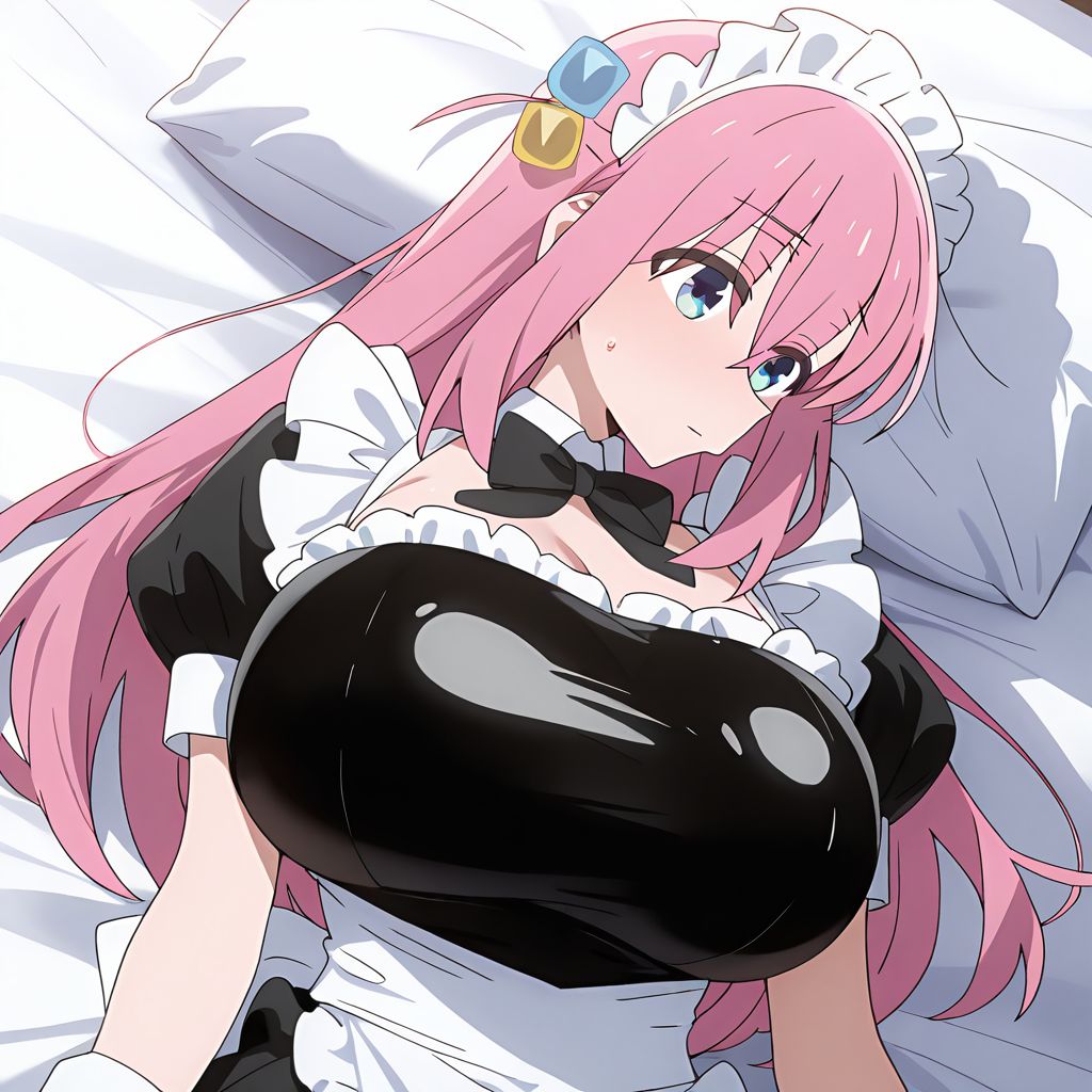blue_eyes bocchi_the_rock! gotou_hitori huge_breasts latex_clothing maid on_back on_bed petite_female pillow pink_hair