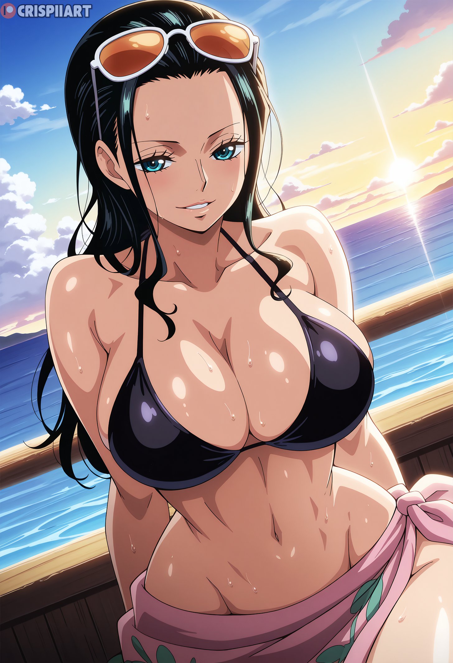 1girls, about to burst, ai generated, barely contained, barely contained breasts, barely fits, big breasts, bikini, black bikini, black hair, black-haired female, blue eyes, breasts, breasts too big, bursting breasts, clothing, crispiiart, female, female focus, female only, glasses, glasses on head, huge breasts, imminent wardrobe malfunction, large breasts, light skin, light-skinned female, long hair, looking at viewer, nico robin, one piece, only female, shiny body, shiny breasts, shiny skin, smile, smiling, smiling at viewer, tight bikini, tight clothes, tight clothing, tight fit, tight swimsuit, tight swimwear, too tight, undersized clothes, undersized clothing