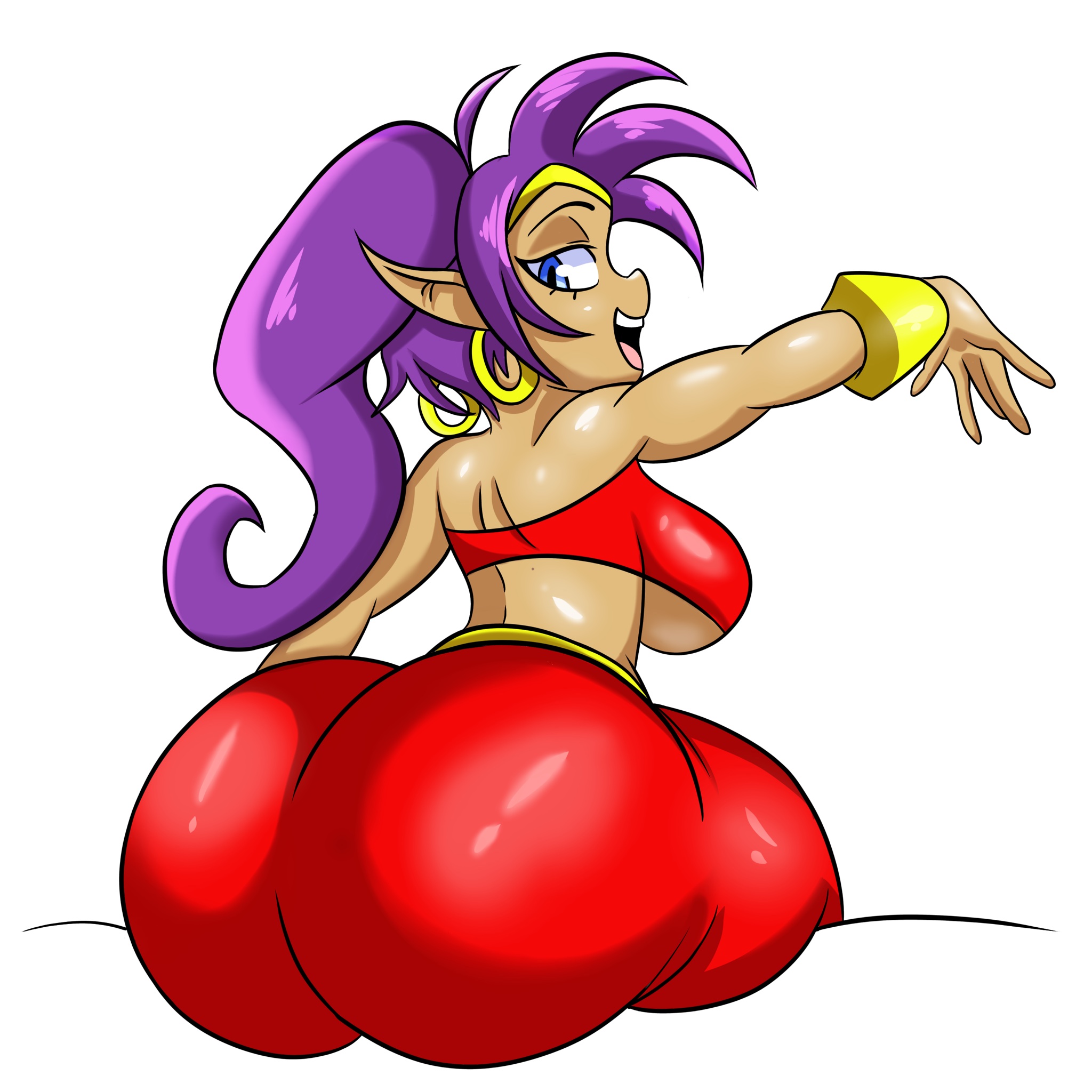1girls, alternate ass size, arabian clothes, ass, ass bigger than head, belly dancer outfit, big ass, blue eyes, earrings, female, female only, harem outfit, huge ass, looking at viewer, nathanatwar, ponytail, purple hair, shantae, shantae (character), sitting, smiling, smooth skin, solo, tiara, wayforward, whateverdoes, white background