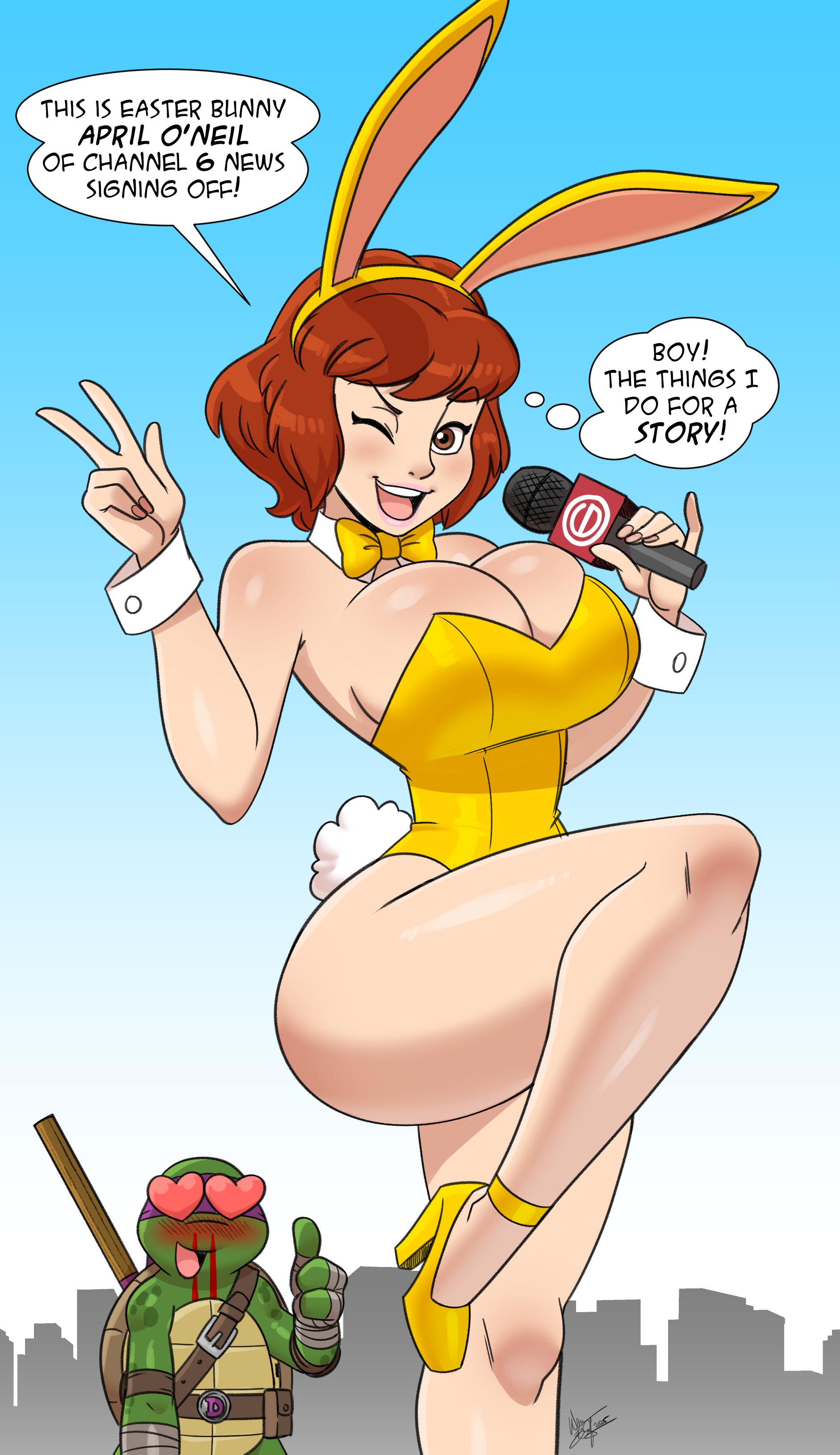1boy, 1girls, aeolus06, april o'neil, april o'neil (tmnt 1987), ass, big breasts, breasts, bunny ears, bunnysuit, cbs (broadcasting company), curvy, donatello, easter, english text, female, hetero, highleg leotard, huge breasts, human, leotard, light skin, light-skinned female, looking at viewer, male, playboy bunny, reporter, smile, speech bubble, standing on one leg, strapless leotard, teenage mutant ninja turtles, teenage mutant ninja turtles (1987), thick thighs, tmnt, tmnt 1987, turtle, wide hips, yellow leotard