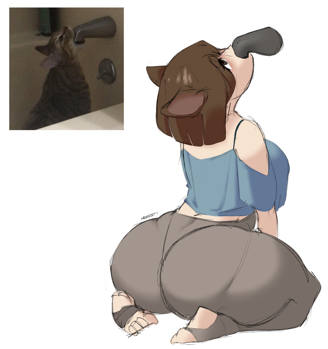 1girls, 2020, animal ears, anthro, artist name, ass, back, bare arms, bare shoulders, breasts, brown eyes, brown hair, cat ears, cat girl, catgirl, eyebrows visible through hair, faucet, feet, feline, female, female only, head tilt, highres, huge ass, humanized, kneeling, large breasts, matching hair/eyes, meme, nezulet, pantyhose, signature, simple background, sitting, sketch, soles, solo, tank top, thick thighs, thighs, toeless legwear, white background