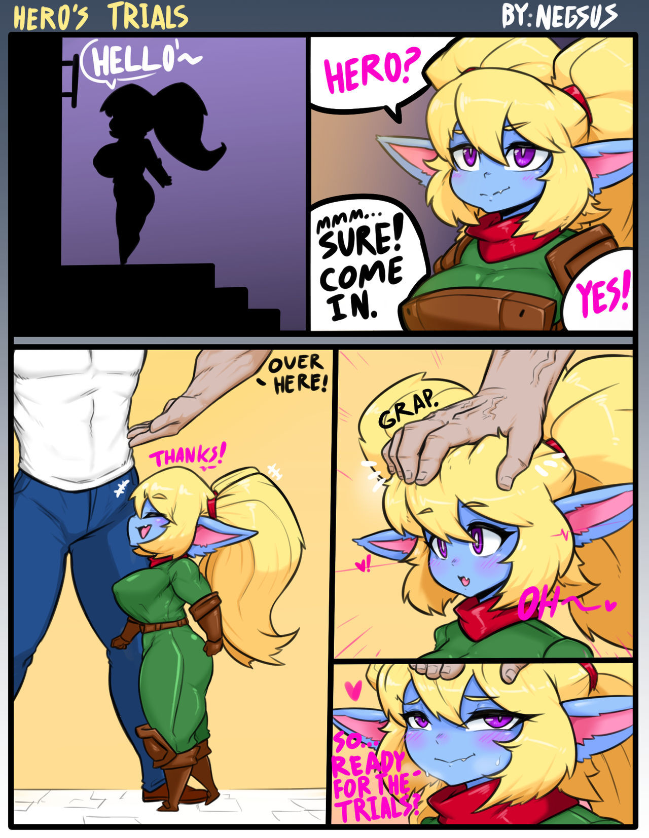 1boy, blonde hair, blue body, blue skin, clothed, clothing, comic, english text, female, green clothing, headpat, imminent sex, league of legends, male, negsus, poppy, purple eyes, size difference, text, twintails, yordle