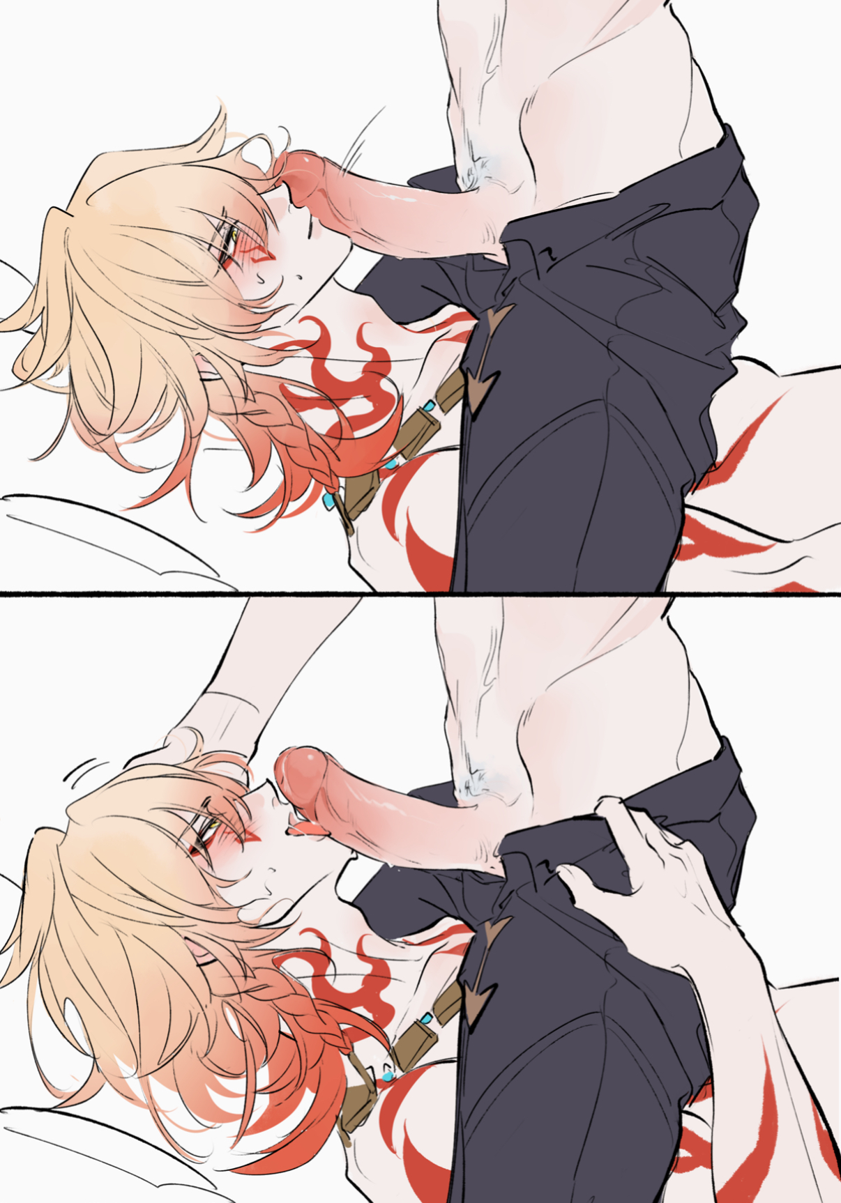 2boys, blonde hair, half dressed, hand on hair, honkai: star rail, licking penis, male, male/male, mydei (honkai: star rail), oral, penis, phaidei (honkai: star rail), phainon (honkai: star rail), shirtless, shirtless male, yaoi