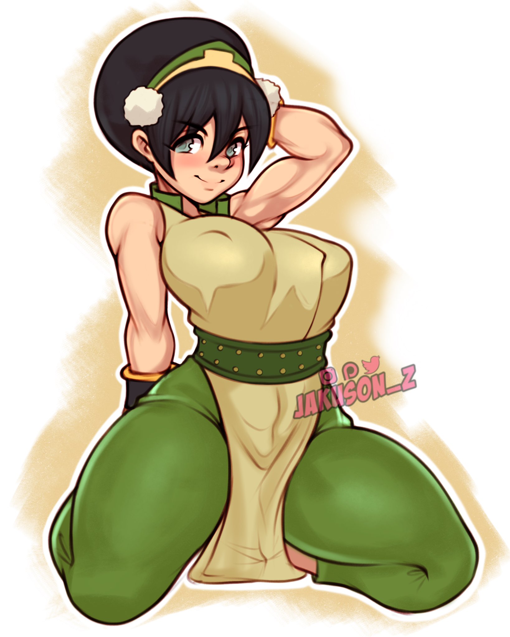 1girls, 2020, aged up, alternate breast size, avatar the last airbender, big breasts, black hair, blind, blush, breasts, clothing, female, female only, hourglass figure, huge thighs, jakuson z, large breasts, light skin, light-skinned female, nickelodeon, pale skin, pale-skinned female, smile, solo, thick thighs, thighs, toph bei fong, voluptuous, watermark, white background