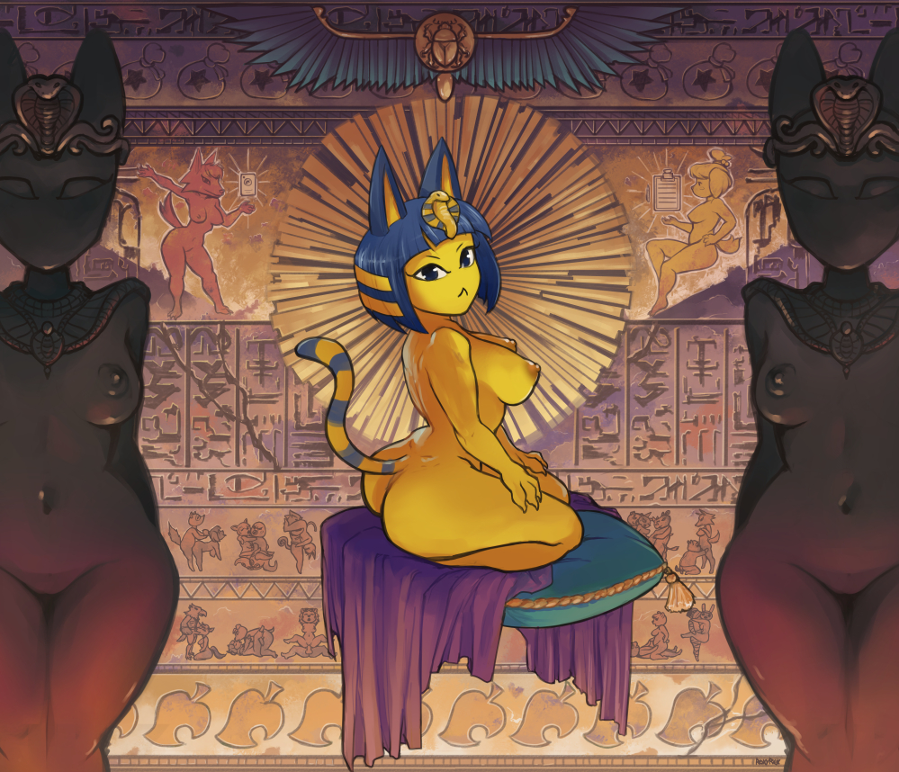 1girls, 2020, alternate body type, alternate breast size, animal crossing, ankha, anthro, areolae, ass, audie (animal crossing), big breasts, breasts, female, female only, furry, isabelle (animal crossing), large breasts, looking at viewer, looking back, nintendo, nipples, roxyrex, solo, thick thighs, thighs