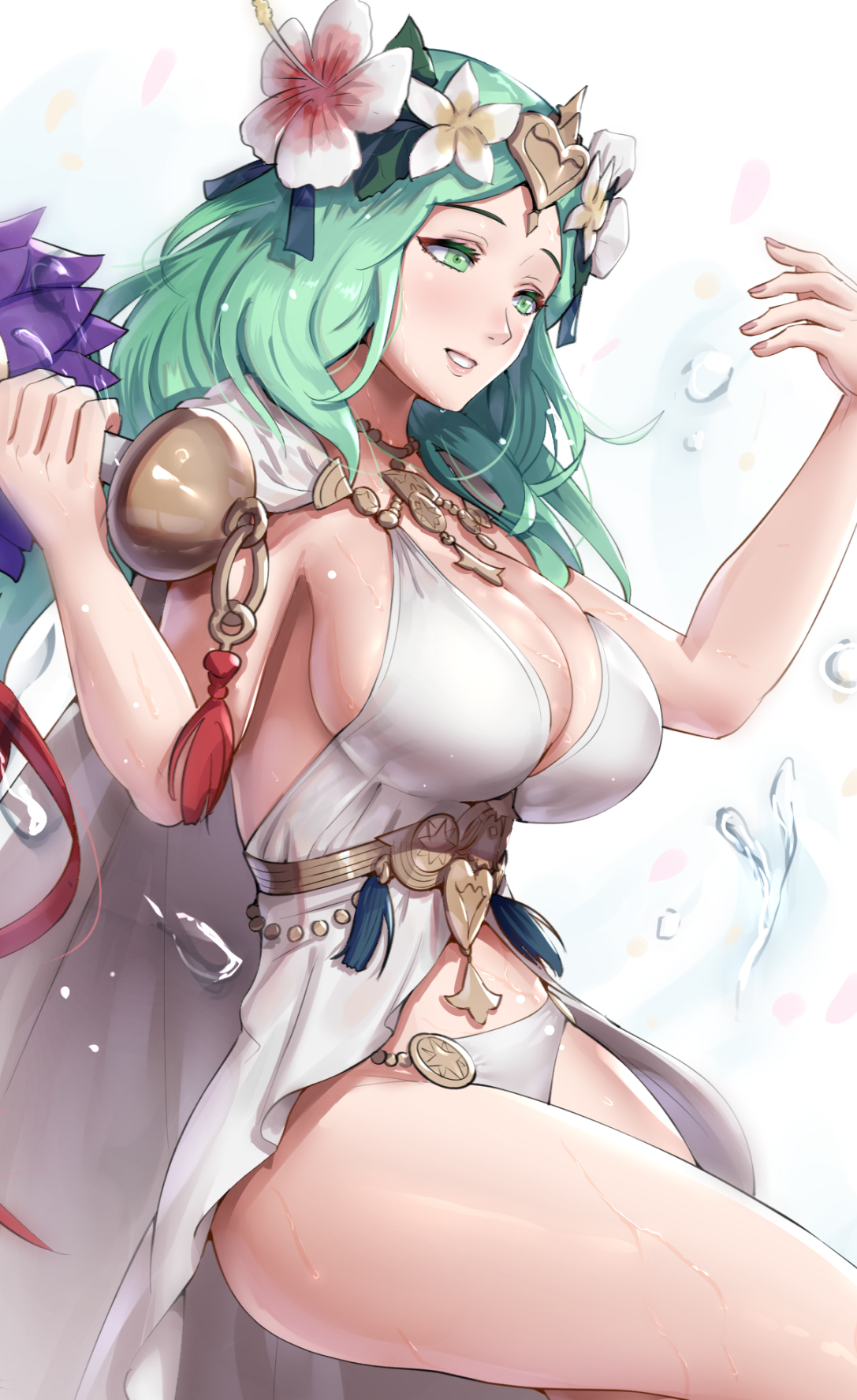 accessory, big breasts, breasts, cape, dress, female, fire emblem, fire emblem heroes, fire emblem: three houses, flower, flower in hair, gonzarez, green eyes, green hair, headwear, hips, large breasts, nintendo, rhea (fire emblem), rhea (summer) (fire emblem), simple background, smile, solo, swimsuit, thighs, tiara, water, wet, wet clothes, wet skin, white background, white swimsuit