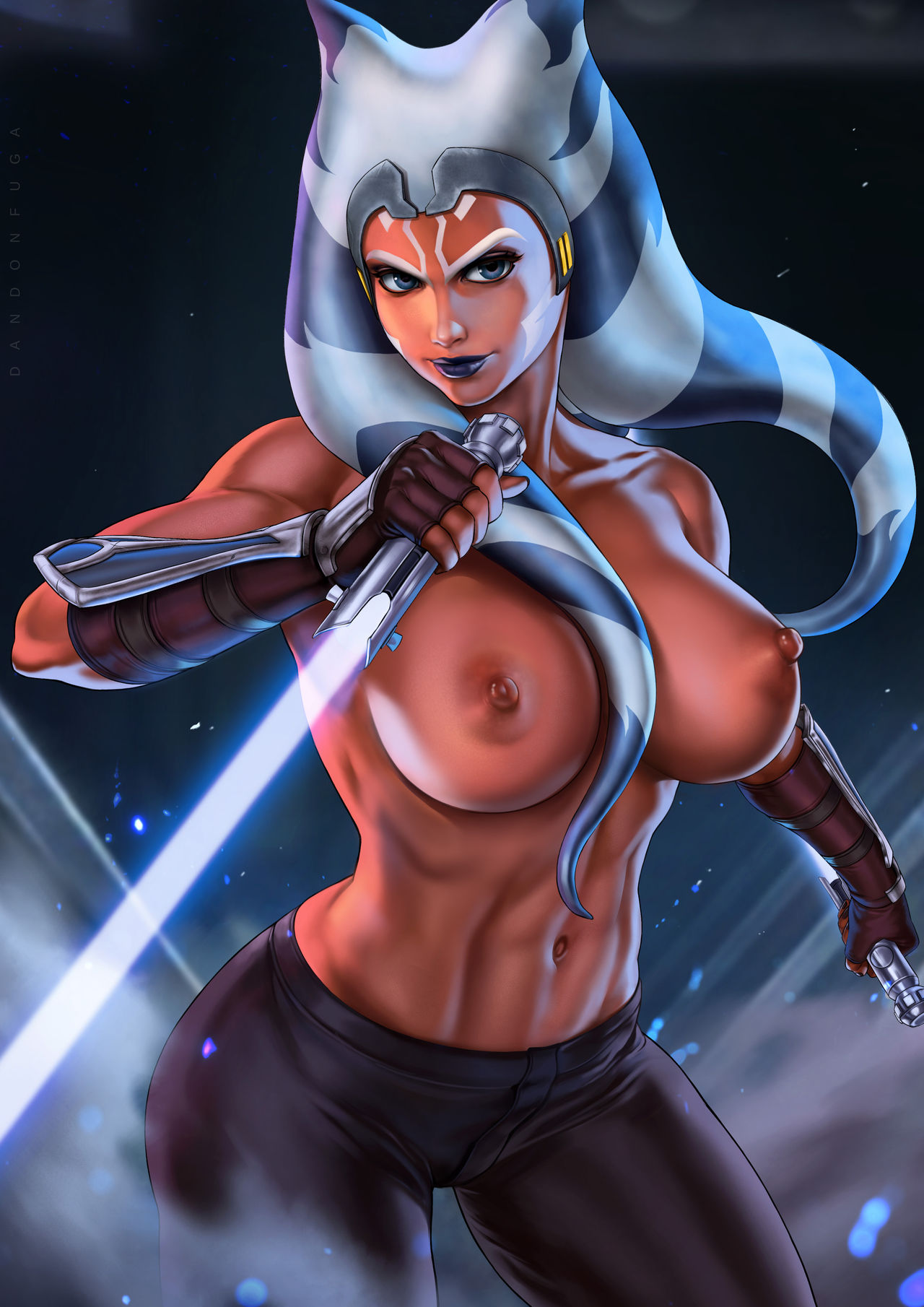 1girls, abs, ahsoka tano, alien girl, arm guards, armwear, black pants, blue background, blue eyes, blue lightsaber, blue lips, blue lipstick, breasts, casual, cleavage, clone wars, clothing, dandon fuga, dark skin, energy sword, eyeshadow, female, female only, fingerless gloves, gloves, high resolution, holding weapon, huge breasts, jedi, large breasts, lightsaber, lipstick, looking at viewer, makeup, mascara, nipples, orange skin, pants, pinup, solo, standing, star wars, sword, the clone wars: season seven, thick thighs, thighs, togruta, toned, toned female, topless, weapon
