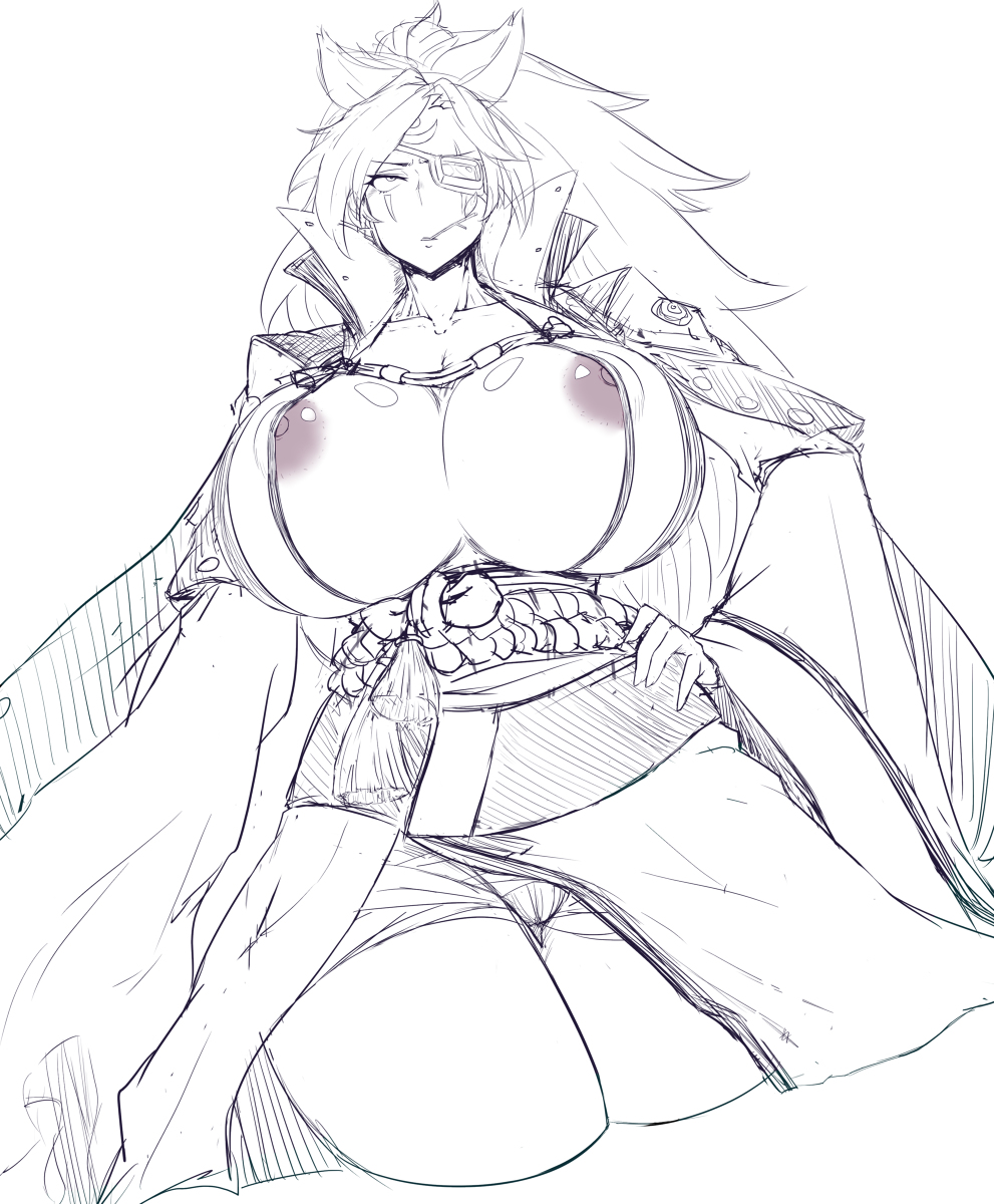 areola slip, baiken, breasts, female, guilty gear, guilty gear xrd, huge breasts, large breasts, monochrome, nipple slip, parallax05, tagme