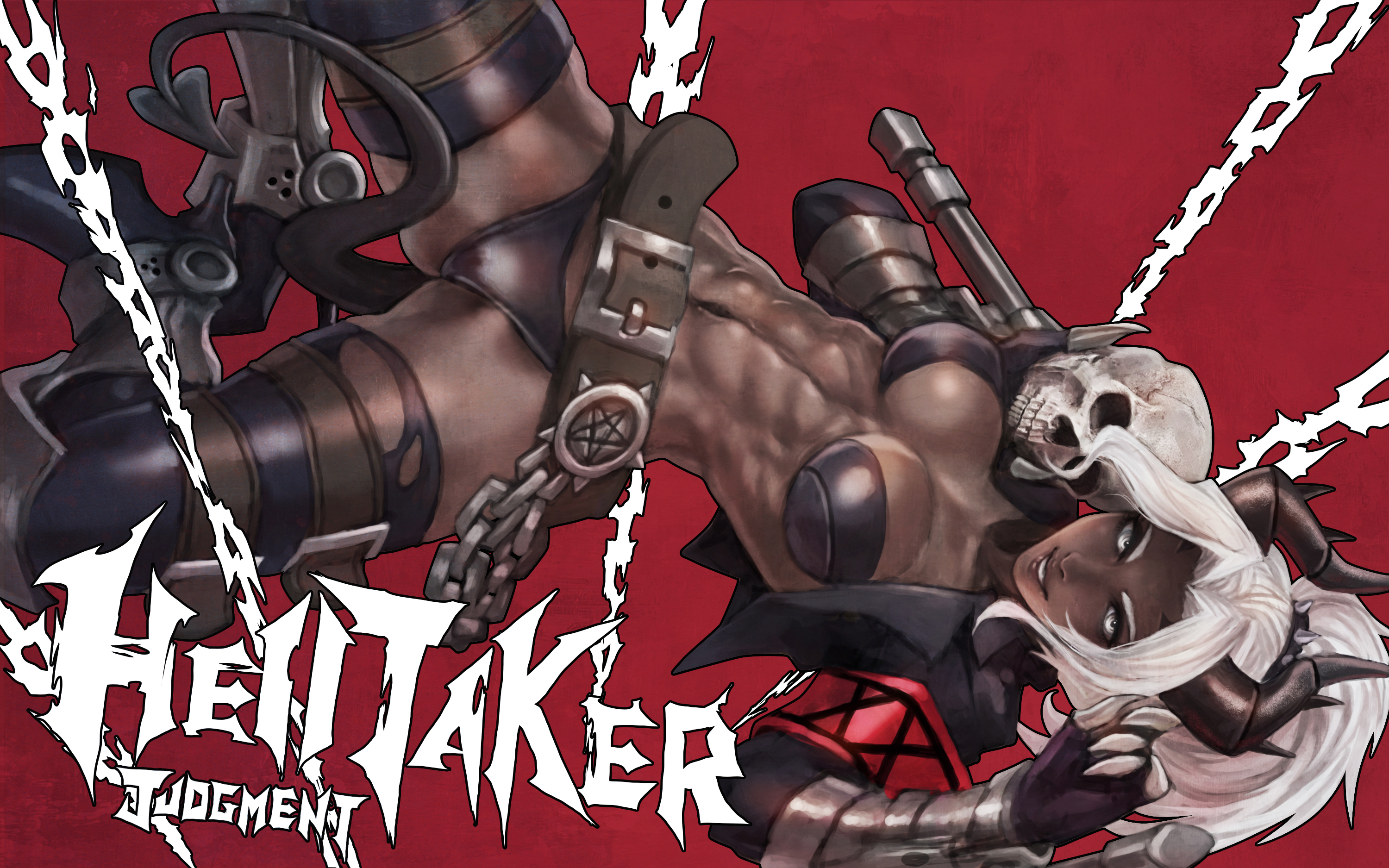 1girls, 2020, abs, armband, armor, belly, belly button, belt, big breasts, black jacket, black panties, breasts, chains, claws, demon, demon girl, demon horns, demon tail, female, female focus, female only, fit, gauntlets, grey skin, heels, helltaker, high heels, horns, judgement (helltaker), large breasts, looking at viewer, lying, lying down, lying on back, monorirogue, muscular, muscular female, muscular thighs, pentagram, ponytail, red background, seductive, simple background, skull, smile, solo, solo female, solo focus, spread legs, spreading, tail, text, thighhighs, thighs, white eyes, white hair