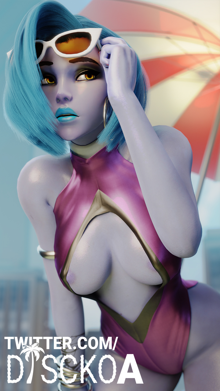 1girls 3d alternate_hairstyle big_breasts blender blue_hair breasts discko discko_widowmaker earrings female female_only hoop_earrings hoop_earrings_oversized large_breasts overwatch solo widowmaker