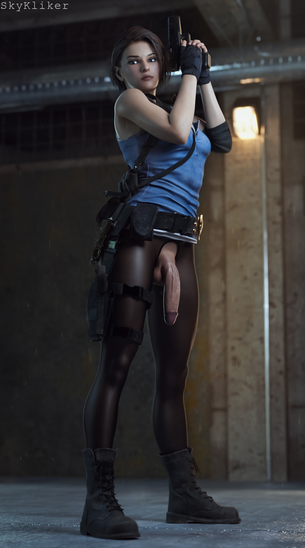 1futa, 3d, balls, biohazard, blue eyes, breasts, capcom, casual, clothed, crotchless, firearm, flaccid, futa only, futa sans pussy, futanari, gun, handgun, intersex, jill valentine, jill valentine (sasha zotova), medium breasts, pantyhose, penis, penis out, realistic, resident evil, resident evil 3, resident evil 3 remake, scrotum, skykliker, solo, solo futa, veiny penis, weapon