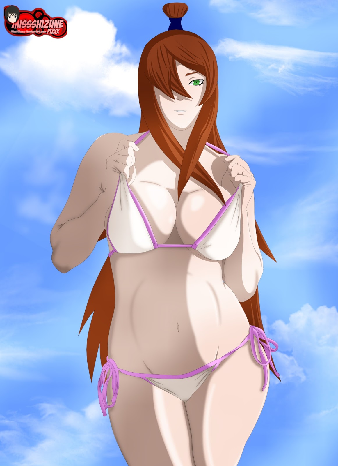 1girls, big breasts, bikini, bikini pull, breasts, brown hair, cleavage, female, female only, green eyes, hair over one eye, long hair, looking at viewer, mei terumi, missshizune, naruto, naruto (series), naruto shippuden, smile, teasing, tied hair, topknot