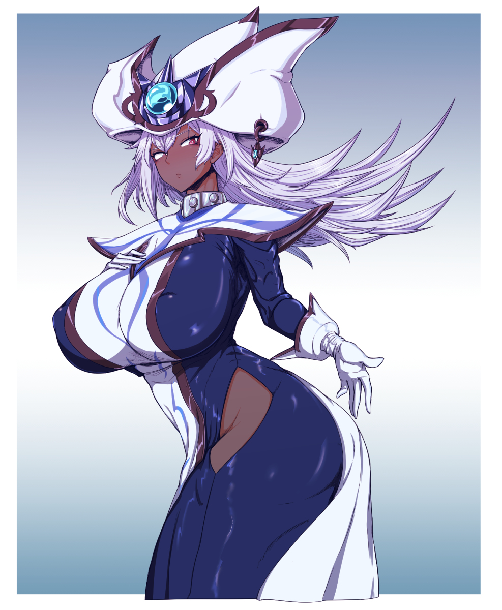 1girls, big breasts, blackwashed, breasts, female, gloves, hand on breast, hat, hip vent, large breasts, looking at viewer, nipple bulge, parallax05, silent magician, silver hair, tagme, yu-gi-oh!