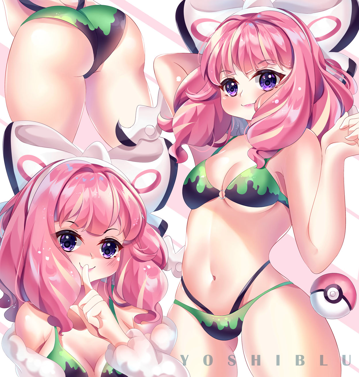 1girls, ass, big ass, big breasts, blush, breasts, eye contact, female, hair ribbon, huge ass, human, klara (pokemon), large ass, light skin, light-skinned female, lipstick, looking at viewer, medium hair, nintendo, pale skin, pale-skinned female, pokeball, pokemon, pokemon ss, pokemon ss isle of armor, purple eyes, smile, text, thick ass, thick thighs, thighs, white background, wide hips, yoshiblu