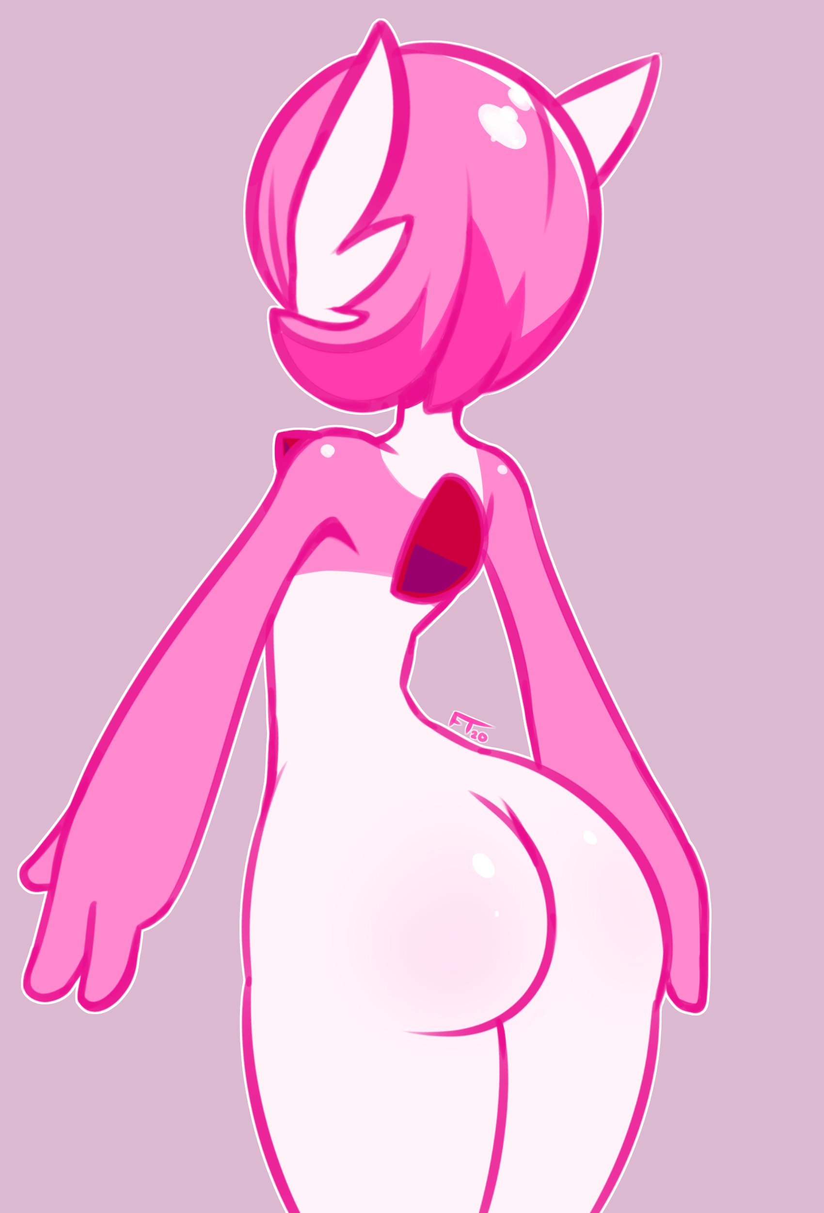 1boy, 2020, alternate skin color, androgynous, anthro, anthrofied, ass, back, big ass, dated, frowntown, gardevoir, humanoid, large ass, male, male gardevoir, male only, male pokemon, nintendo, original character, pink (frowntown), pink hair, pink skin, pokemon, pokemon (species), pokemon rse, short hair, solo, solo male, thick ass, thick thighs, thighs, white skin