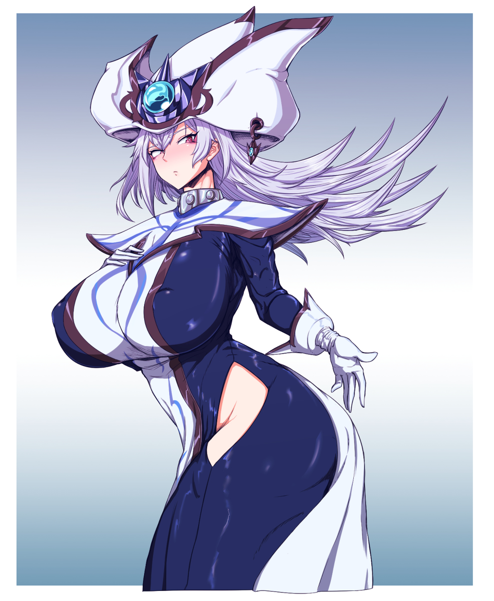 1girls, big breasts, breasts, female, gloves, hand on breast, hat, hip vent, large breasts, looking at viewer, nipple bulge, parallax05, silent magician, silver hair, tagme, yu-gi-oh!