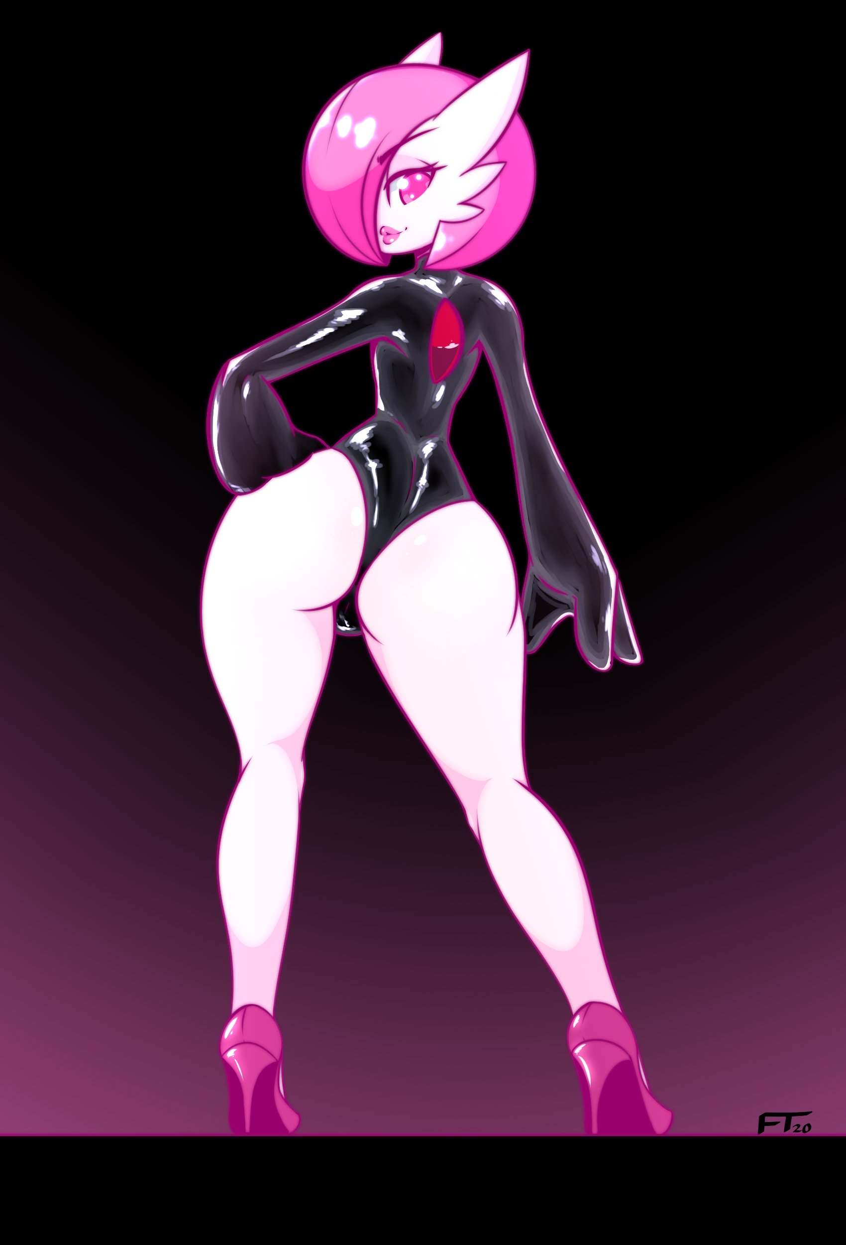 1boy, 2020, alternate skin color, androgynous, anthro, anthrofied, ass, back, balls, balls in leotard, big ass, black background, black leotard, dated, eye contact, femboy, frowntown, gardevoir, humanoid, latex, leotard, lips, looking at viewer, looking back, male, male gardevoir, male only, male pokemon, nintendo, original character, pink (frowntown), pink eyes, pink hair, pink skin, pokemon, pokemon (species), pokemon rse, short hair, solo, solo male, thick ass, thick lips, thick thighs, thighs, white skin